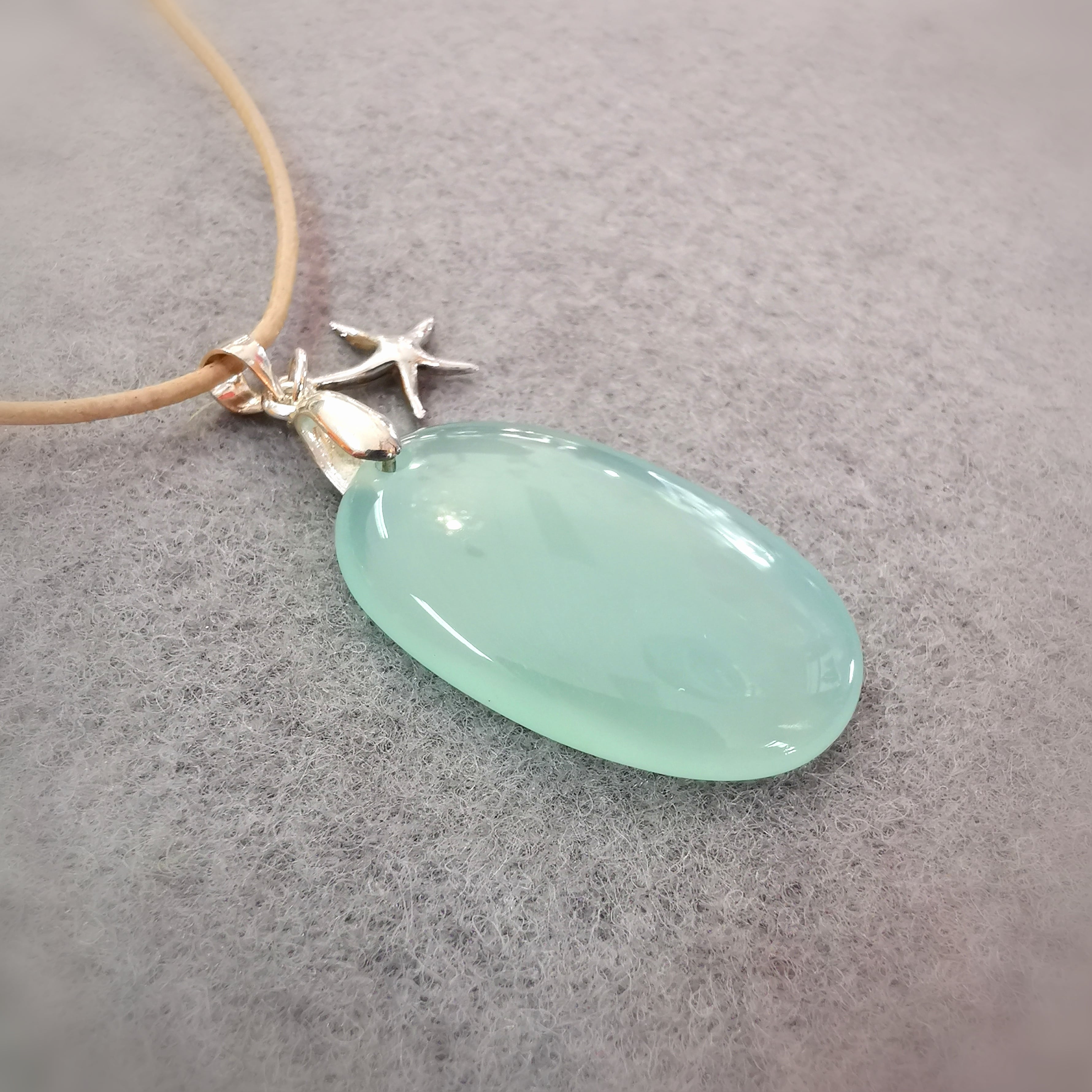 Aqua Aura Edelstein Amulett, Heilstein Sterling Seestern Charm, Krafttier Karma Leder Kette, freier Energiefluss