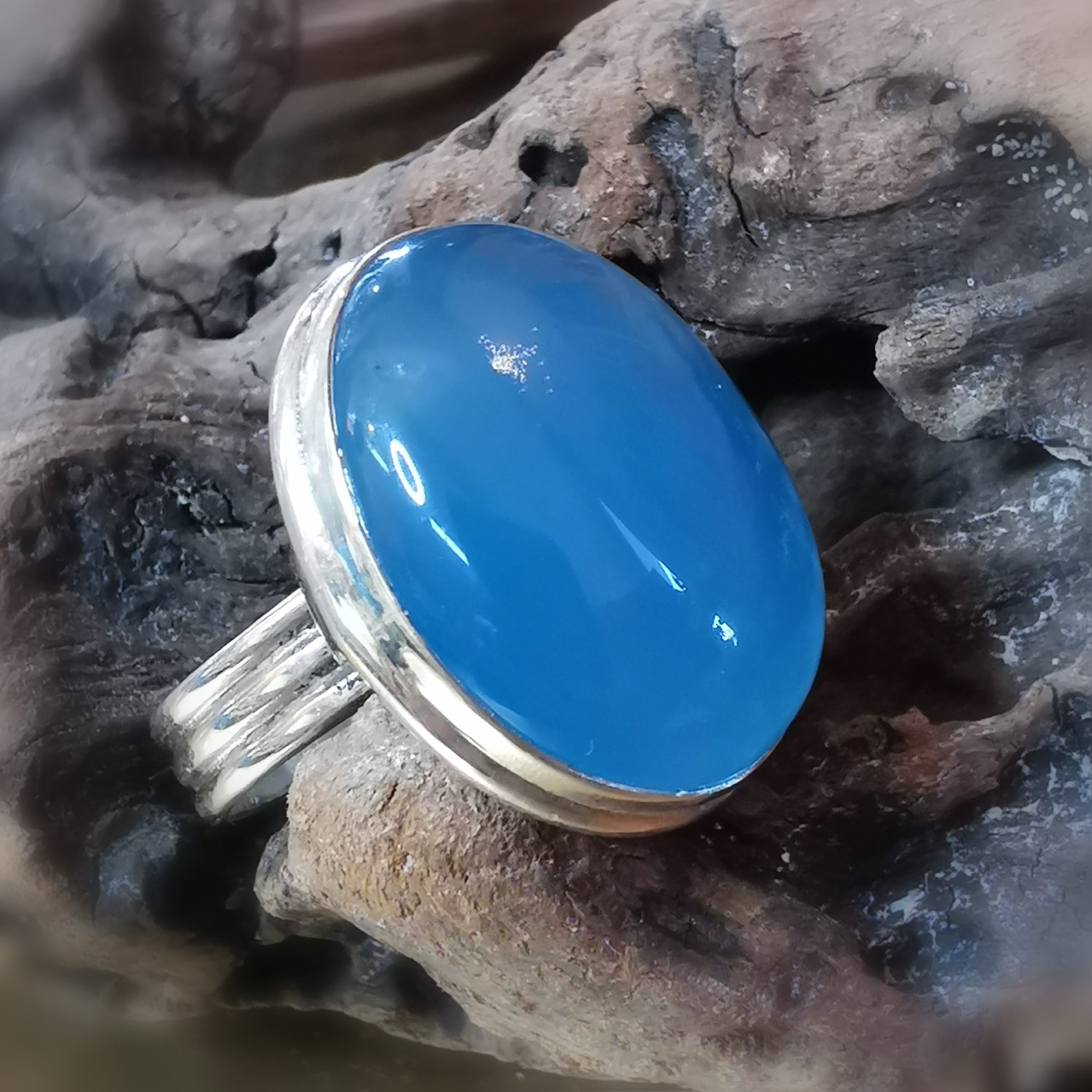 Achat Blau Wasserstein Ring, Sterlingsilber Edelstein Fingerring, neuer Energiefluss