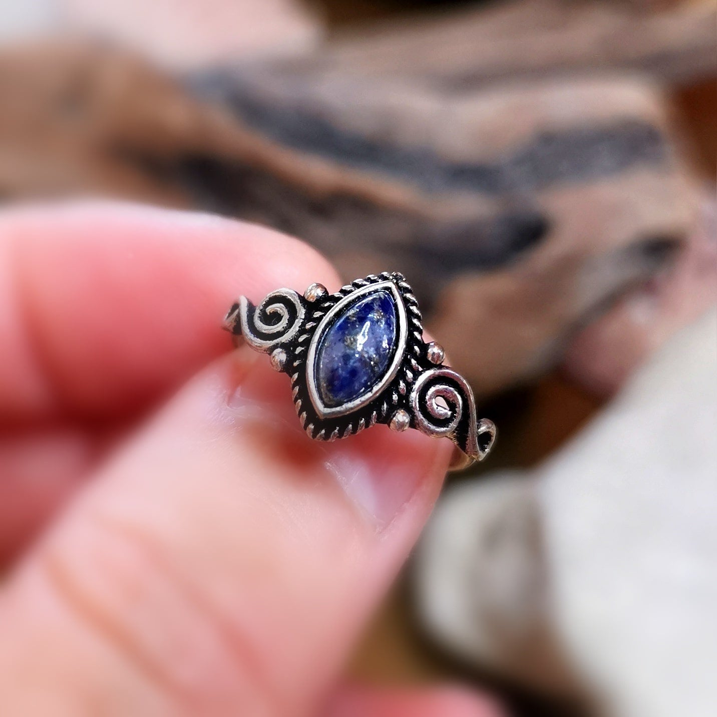 Lapislazuli Edelstein Vintage Ring Messing, Größe 52, Chakra Karma Heilstein #freiergeist