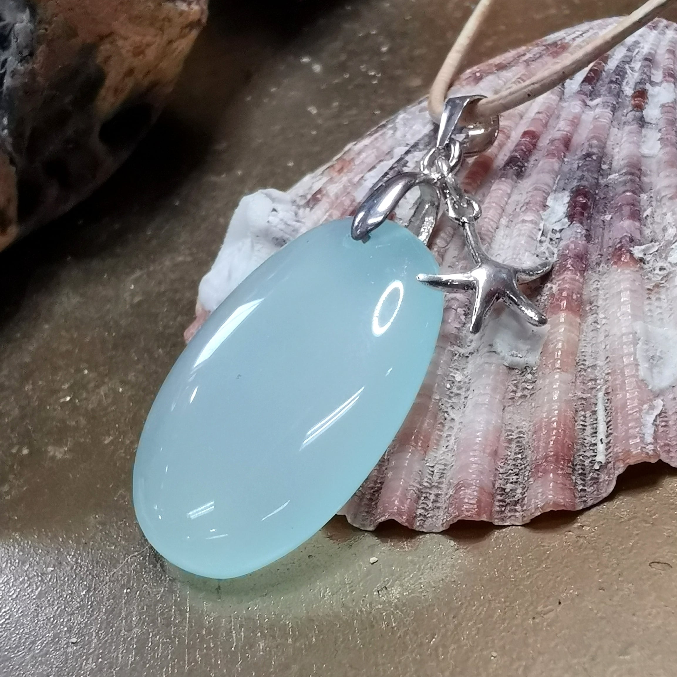 Aqua Aura Edelstein Amulett, Heilstein Sterlingsilber Seestern Krafttier Kette geweiht, Optimismus