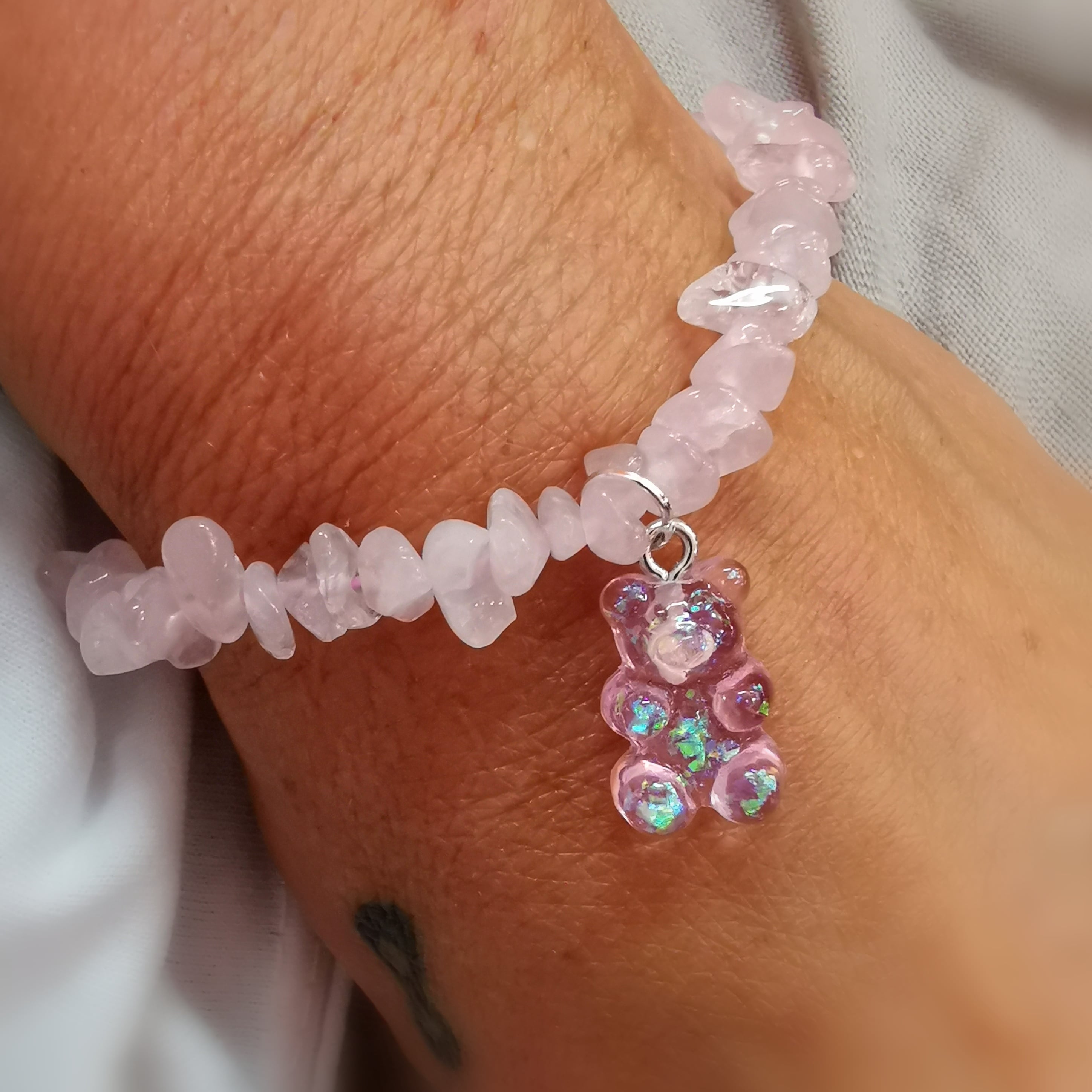 Bärchen Teddybär Glückbärchen Rosenquarz Armband, Herzchakra, geweiht - Lebensfreude