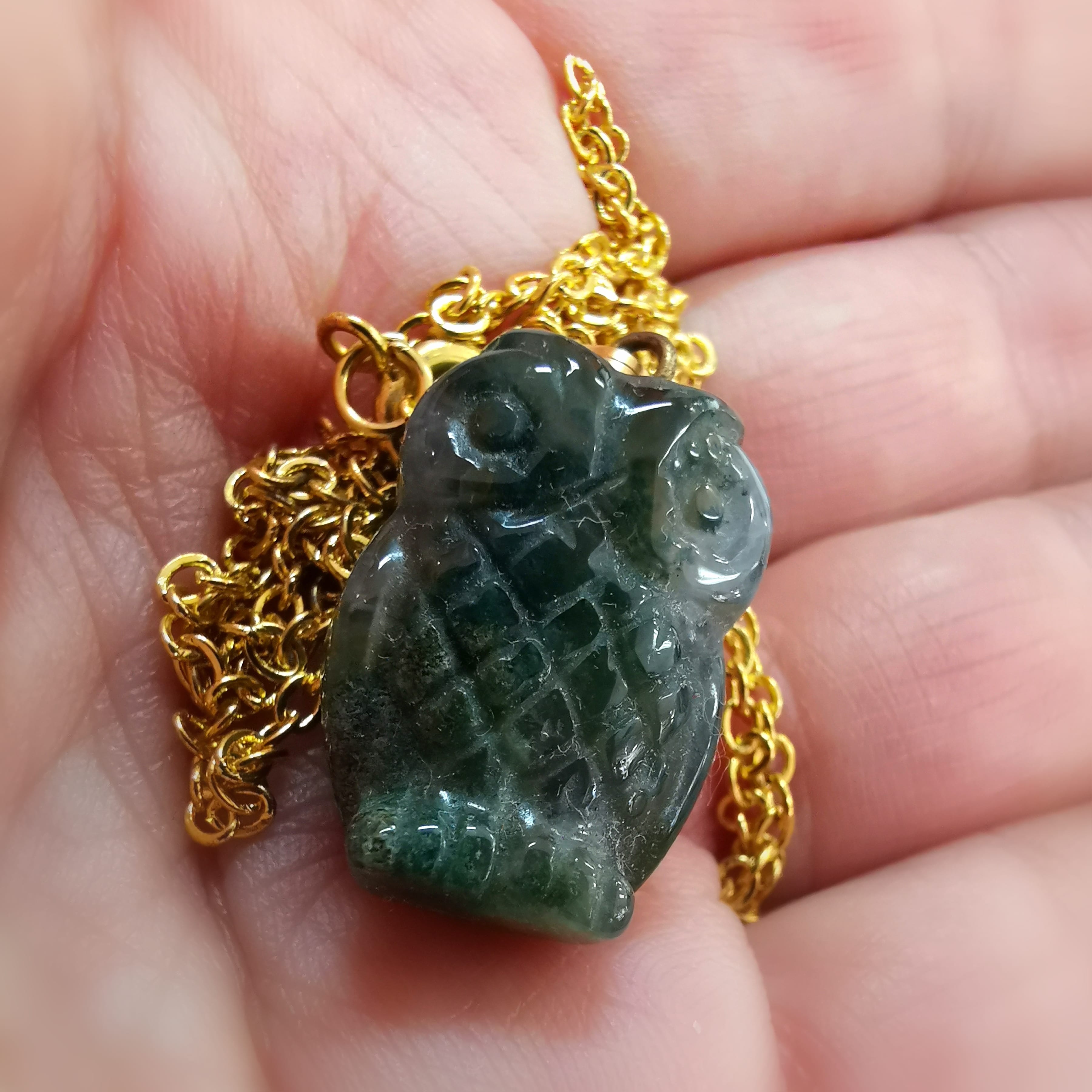 Búho Moss Agate Verde Piedra Preciosa Colgante Consagrado, Collar de Joyería Sabiduría Karma