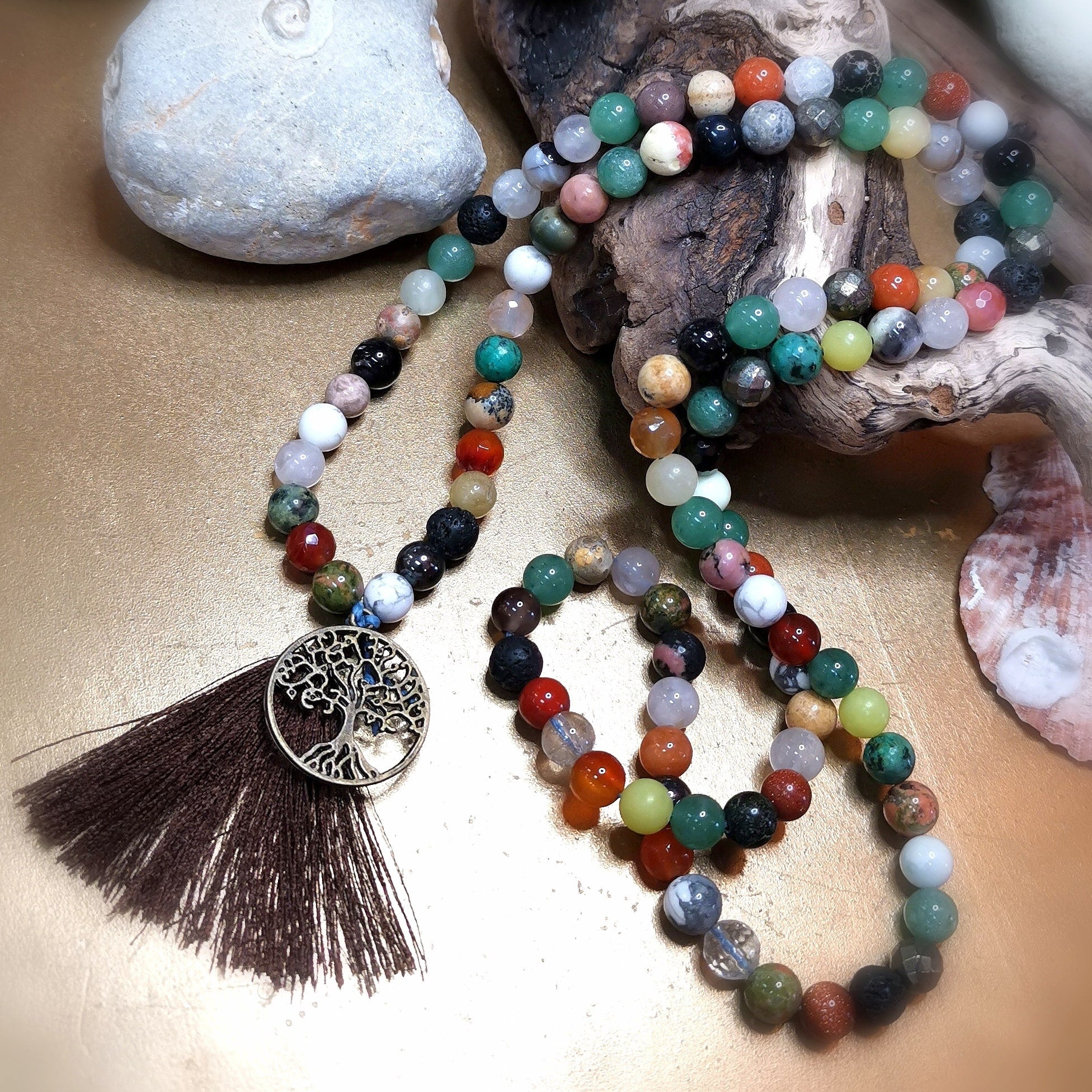 Mala Chakra Edelstein Mix Unikat, Karma Lebensbaum Heilstein Kette, Gebet, Meditation, Boho Mode #vielfalt