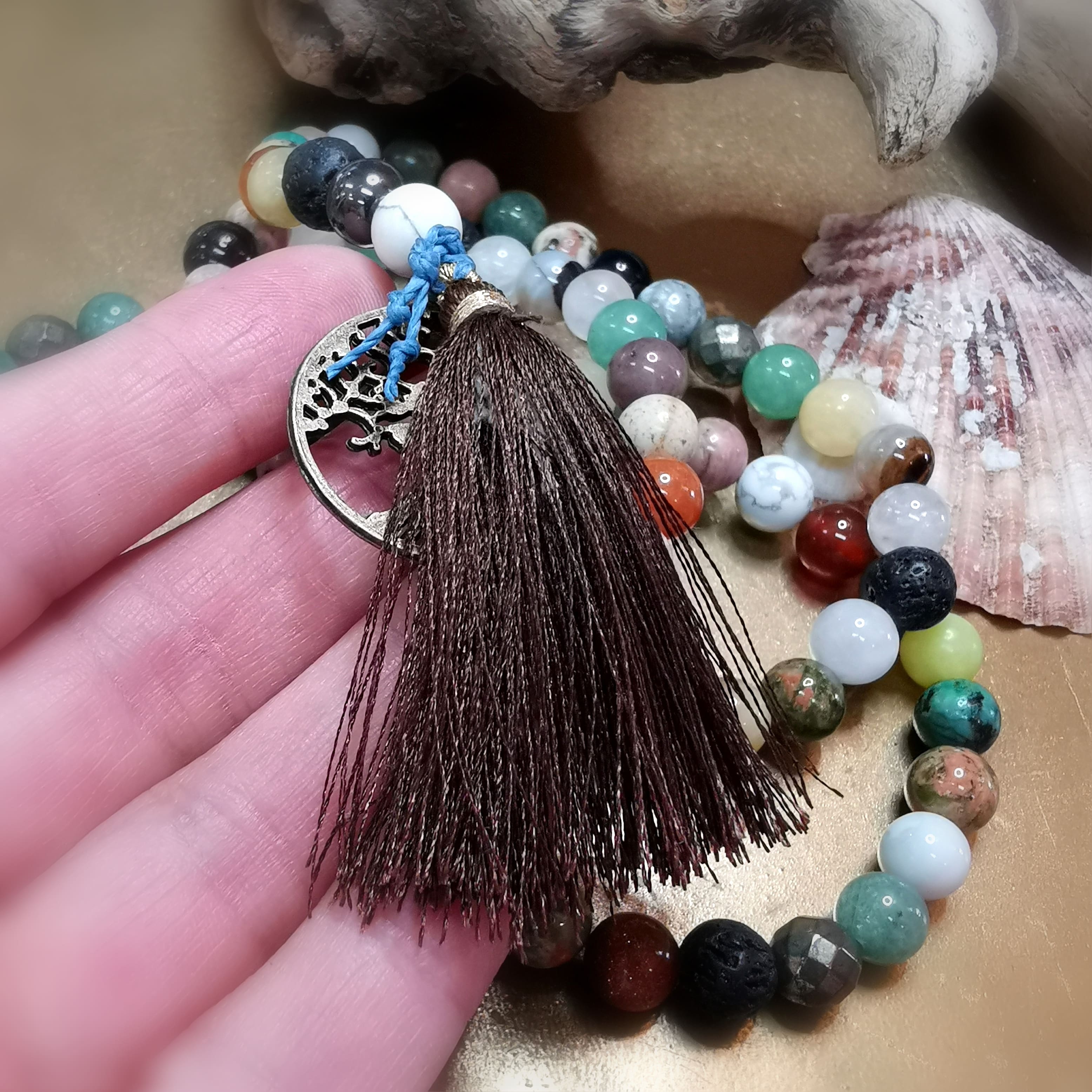 Mala Chakra Edelstein Mix Unikat, Karma Lebensbaum Heilstein Kette, Gebet, Meditation, Boho Mode #vielfalt