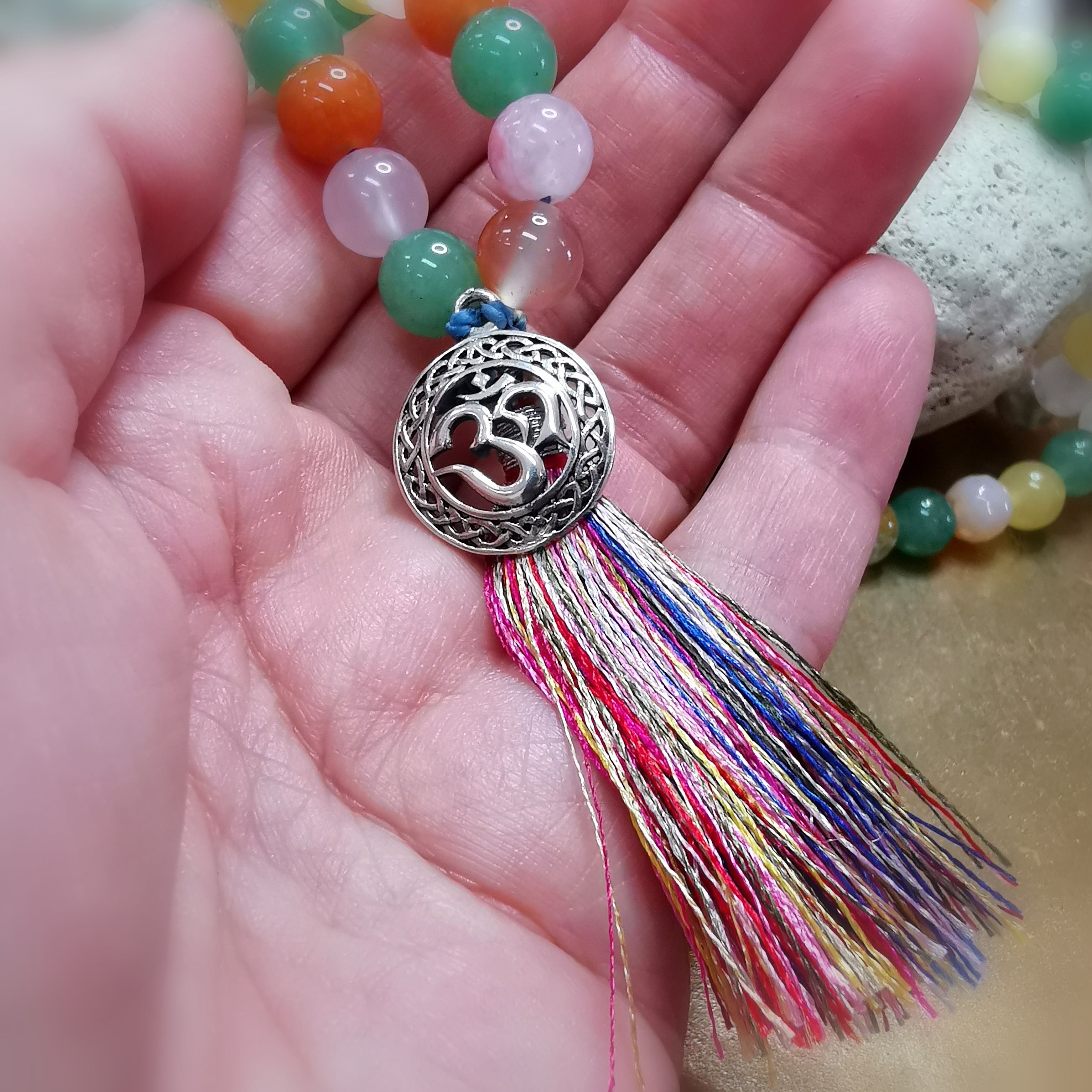 OM Mala Unikat Edelstein Mix Karma Chakra Kette, Gebet, Meditation, Boho Hippie Mode #lebensfreude