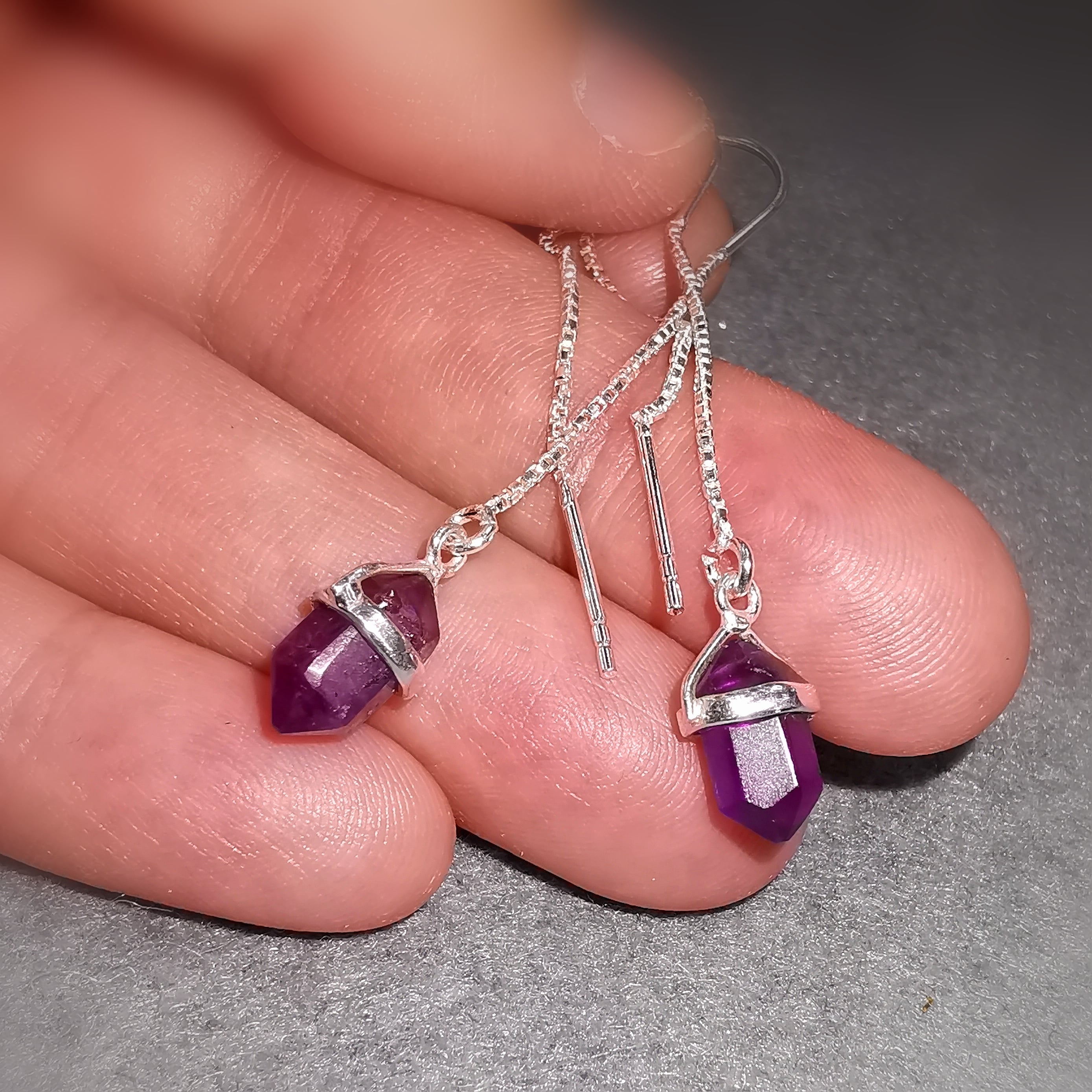 Amethyst Edelstein Natur Spitze Karma Chakra Ohrringe Ohrhänger lang, geweiht - Vertrauen