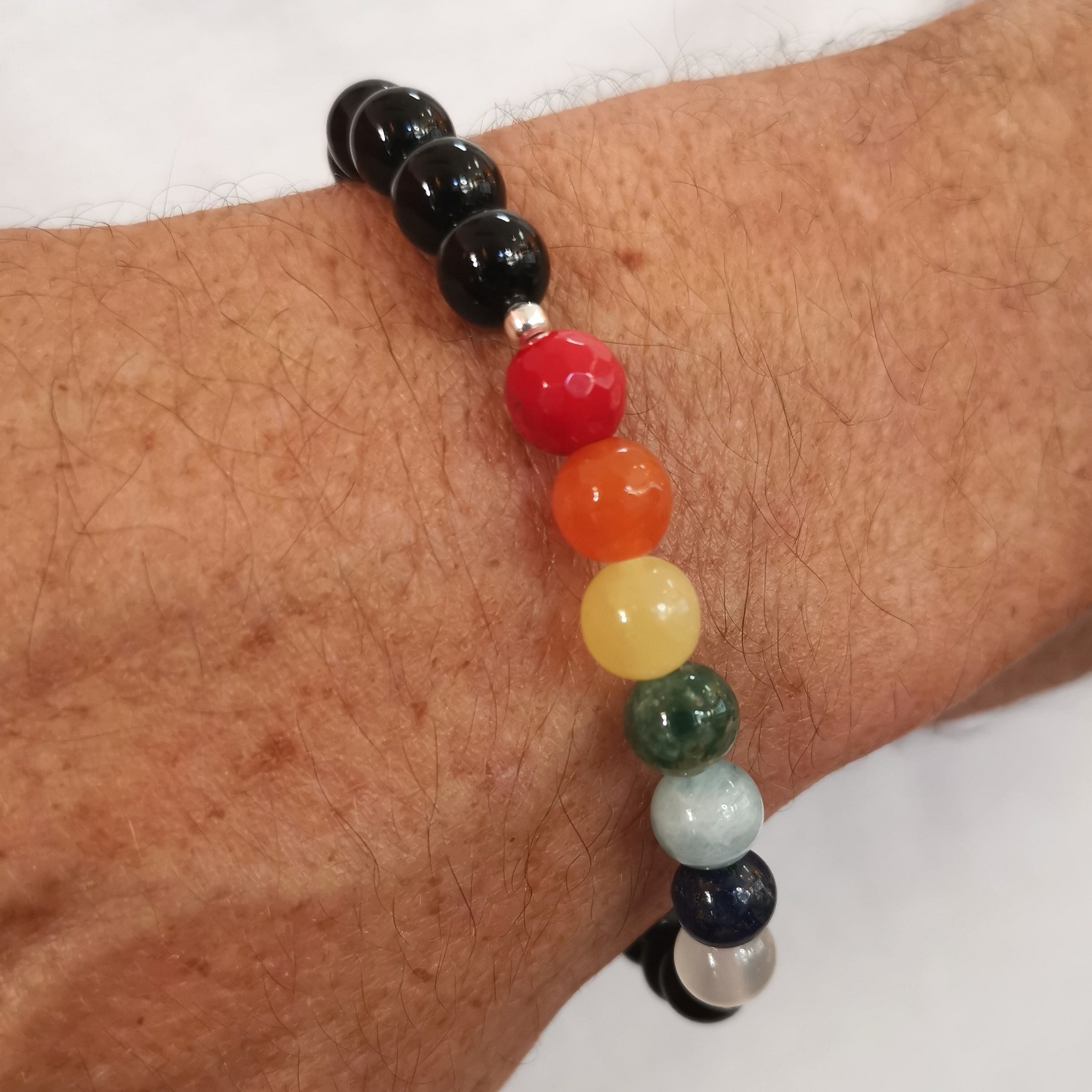 7 Chakra Onyx Koralle AA Qualität Edelstein Karma Armband L/XL, geweiht, in Harmonie