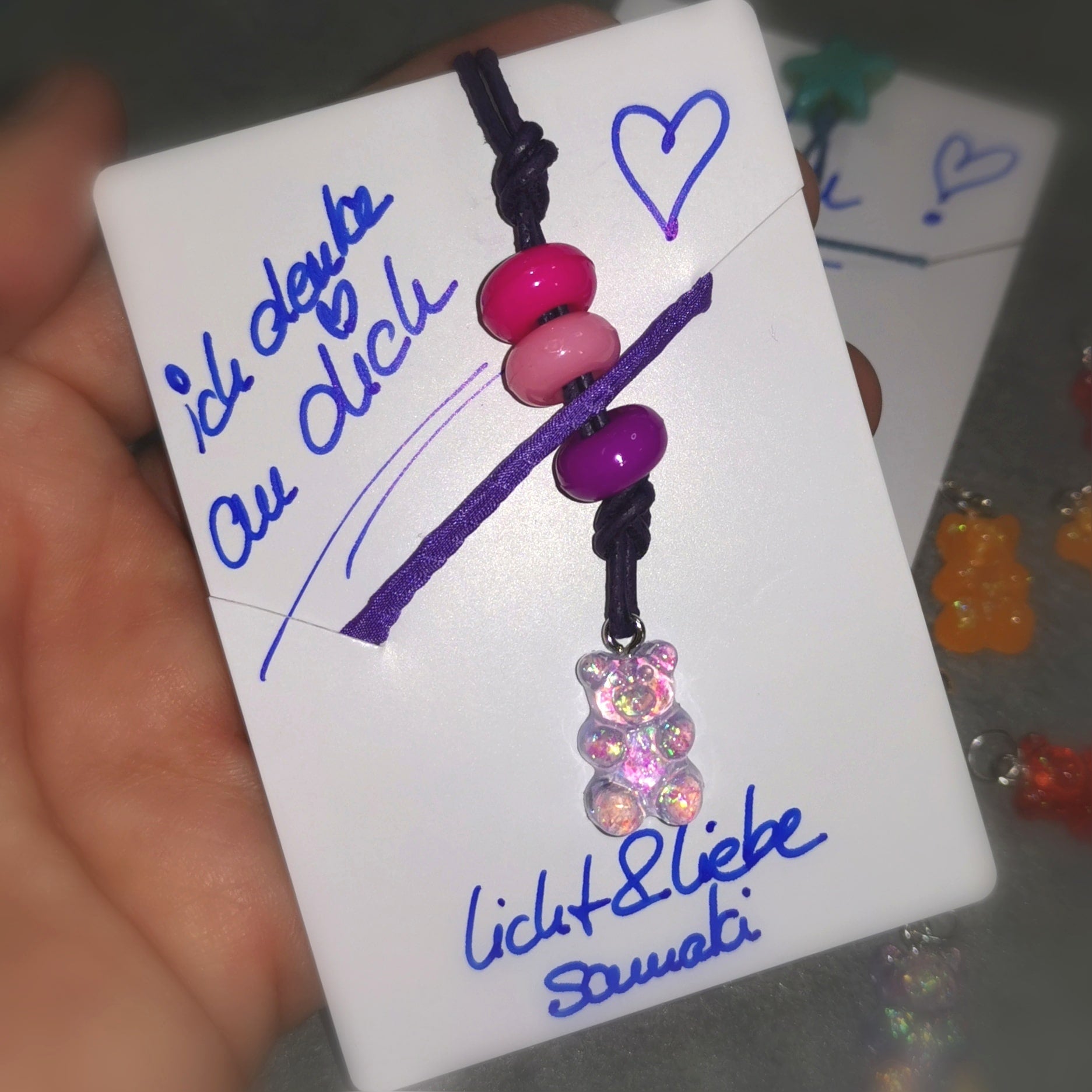 Bärchen Teddy Gummibärchen Schlüsselanhänger Charm "ich denke an dich", geweiht, Unikat