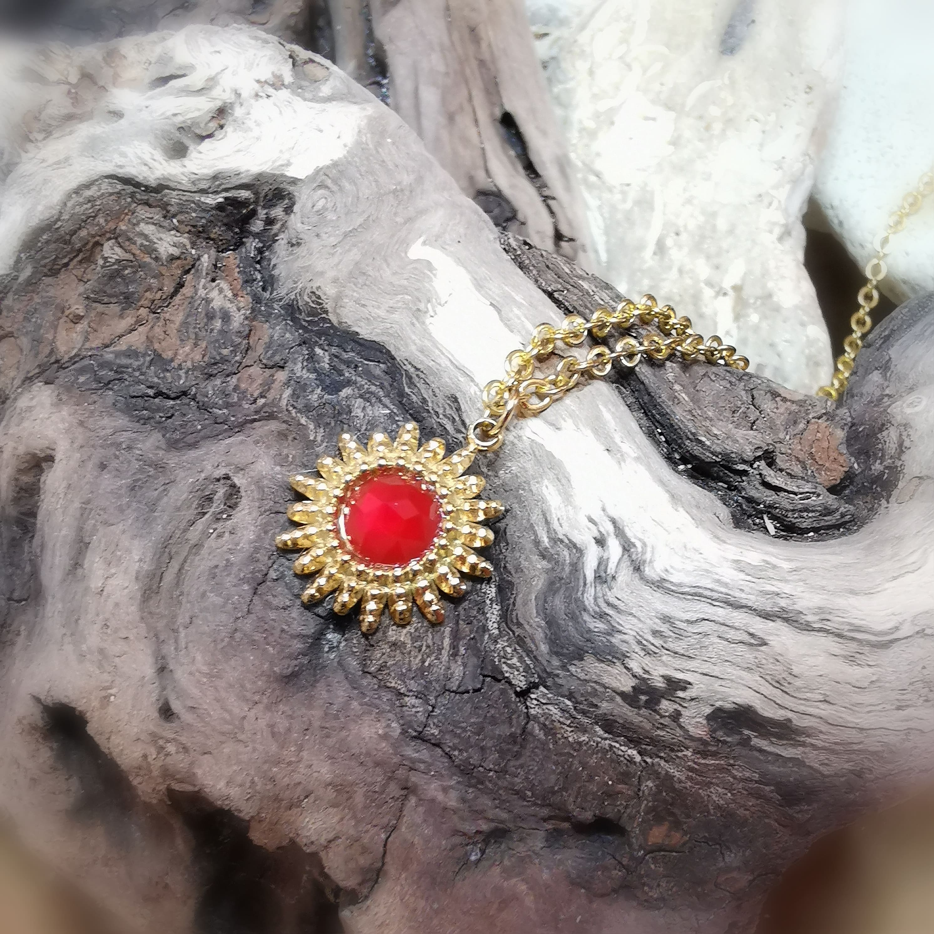 Sonne Carneol Glücksachat Edelstein Heilstein Metall Edelstahl Boho Karma Chakra Kette geweiht, Sonnenaufgang