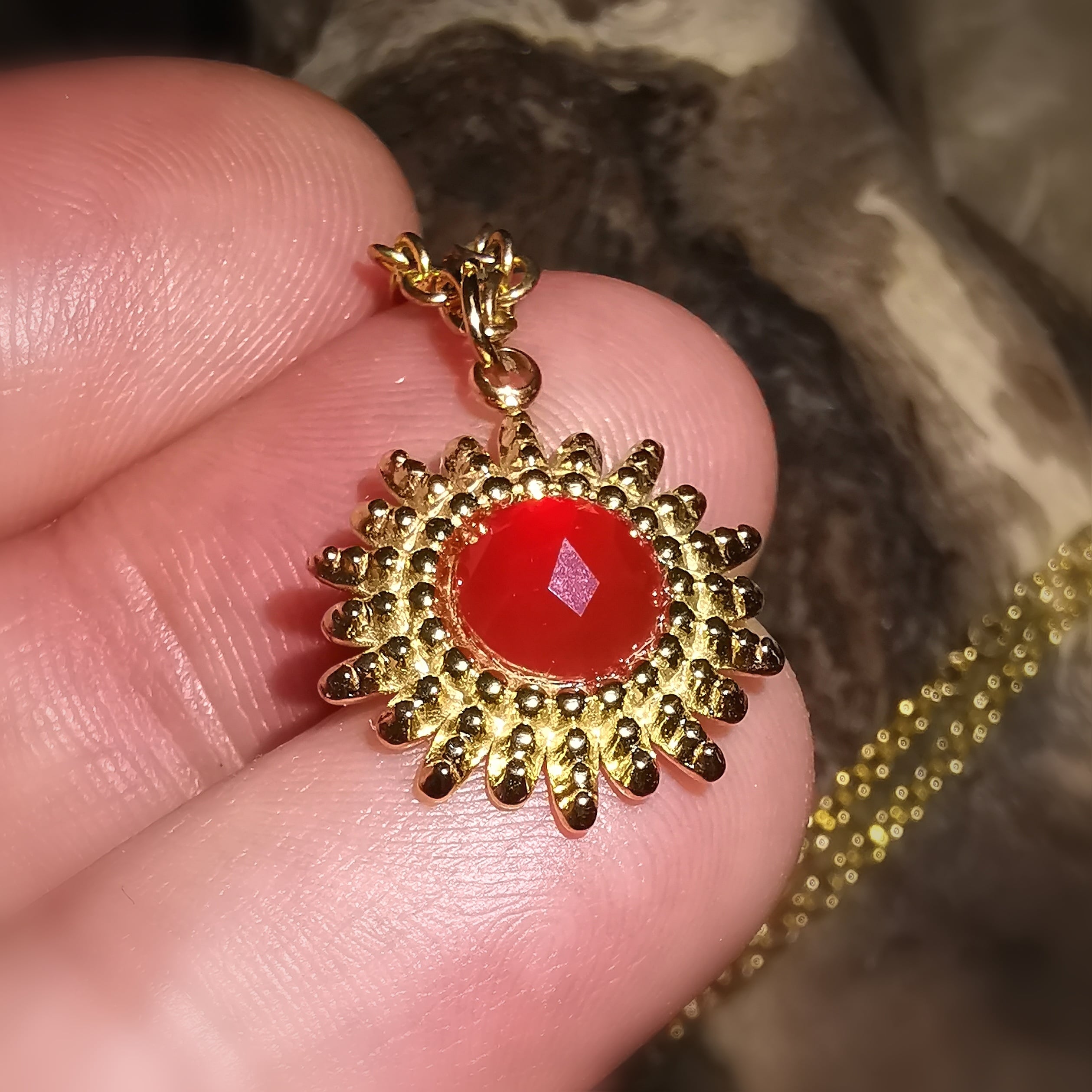 Sonne Carneol Glücksachat Edelstein Heilstein Metall Edelstahl Boho Karma Chakra Kette geweiht, Sonnenaufgang