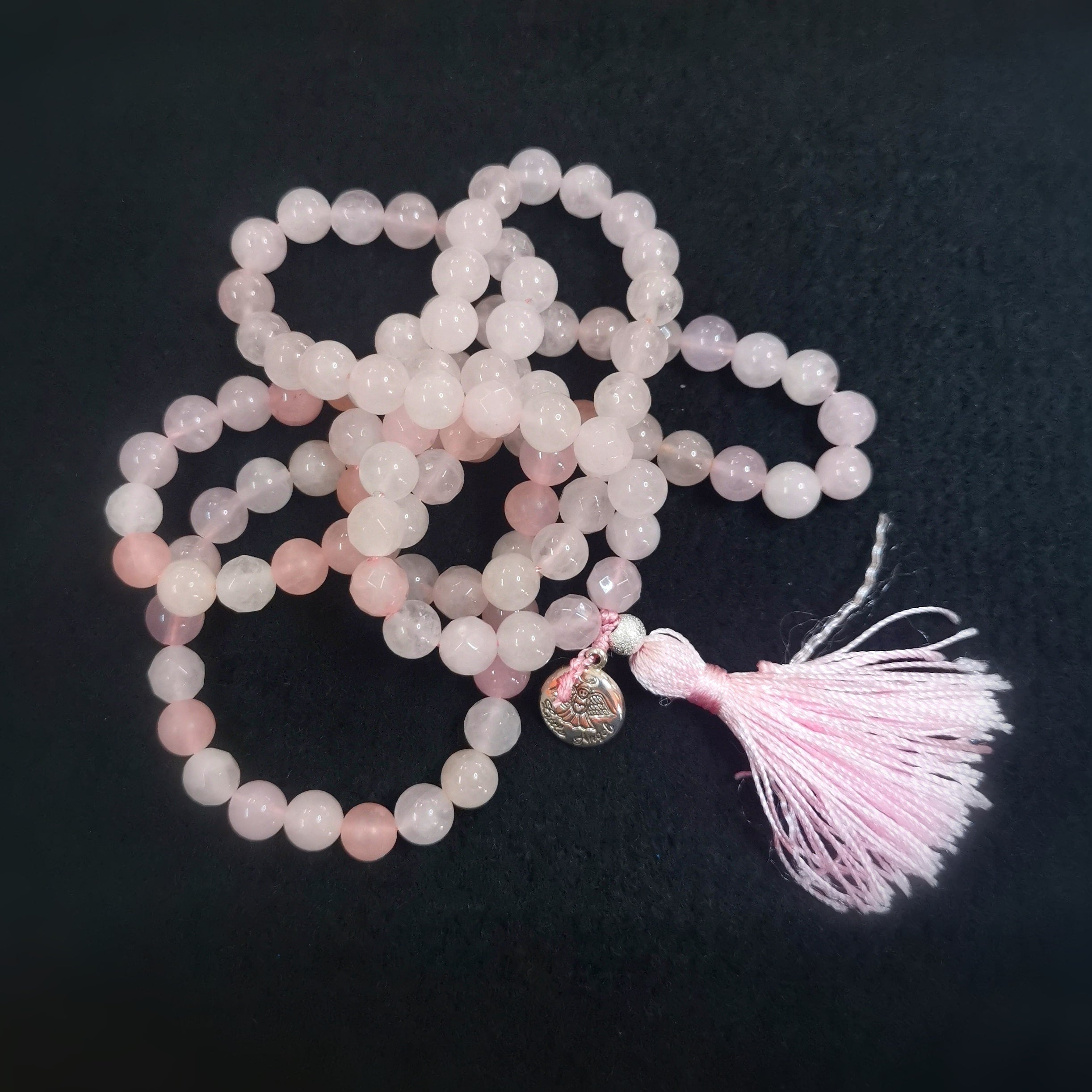 Rosenquarz Mala Schutzengel Edelstein Kette geweiht, Meditation Gebet Boho Mode, Karma Herzchakra Heilstein, allumfassende Liebe