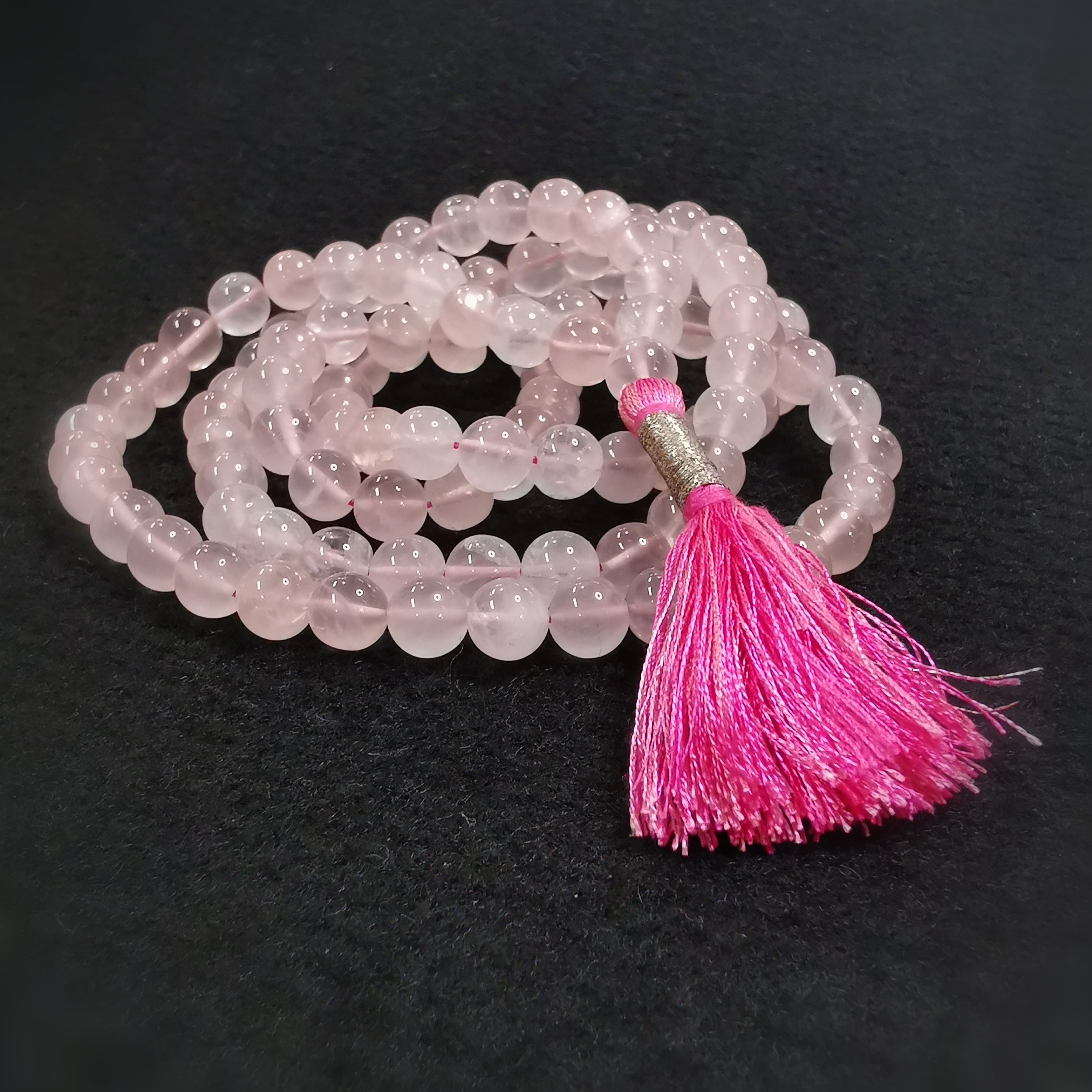 Rosenquarz Edelstein Heilstein Mala, Gebet Meditation, Karma Kettte mit rosa Quaste - Harmonie im Inneren