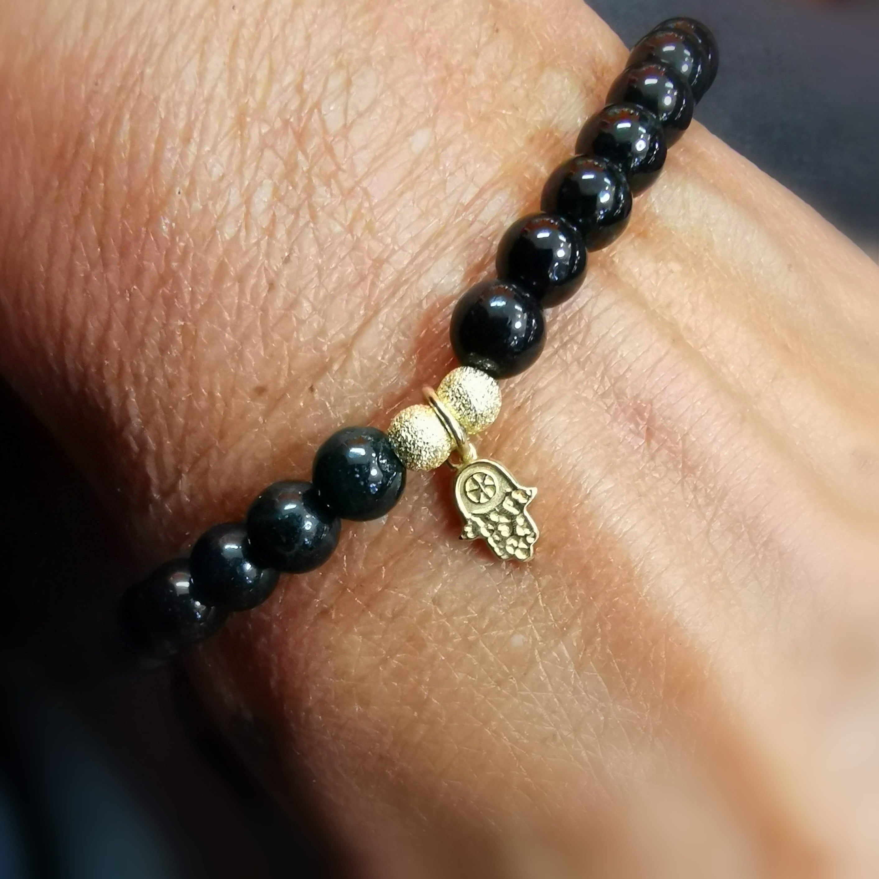 schwarze Jade Edelstein Karma Auraschutz Heilstein Hand Fatimas Armband, geweiht -  emotionale Stabilität