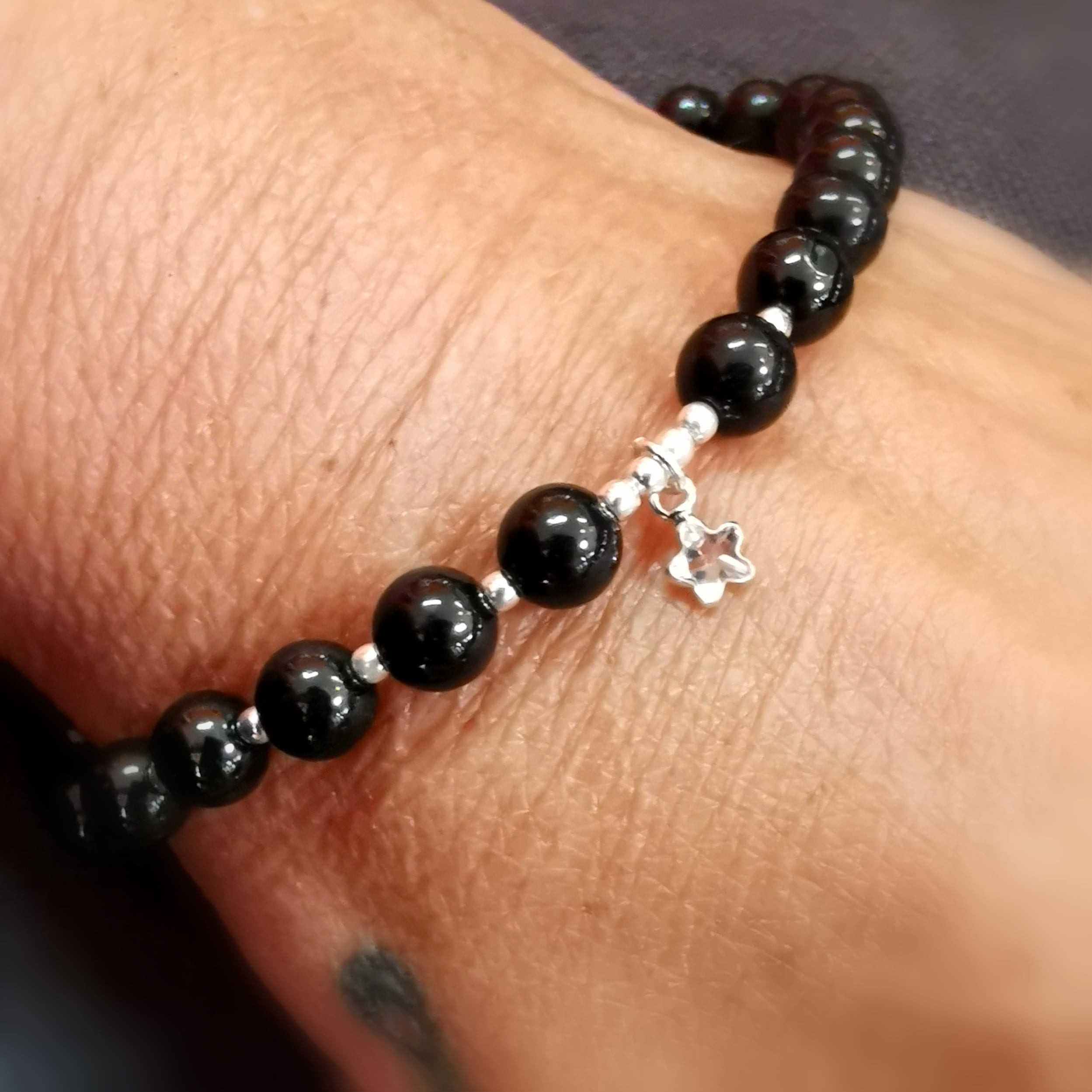 schwarze Jade Edelstein Karma Heilstein Seestern Armband, geweiht - Durchhaltevermögen