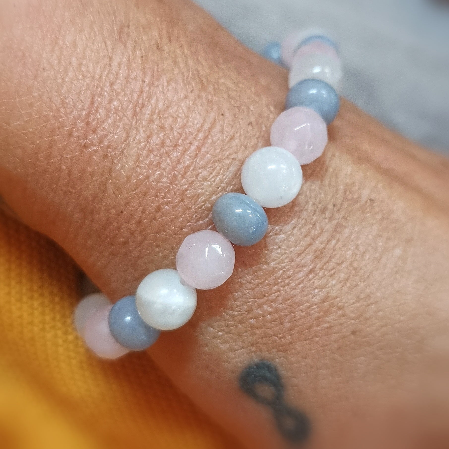 Moonstone Angelite Rose Quartz Gemstone Chakra Healing Stone Karma Bracelet Consecrated, Love and Trust