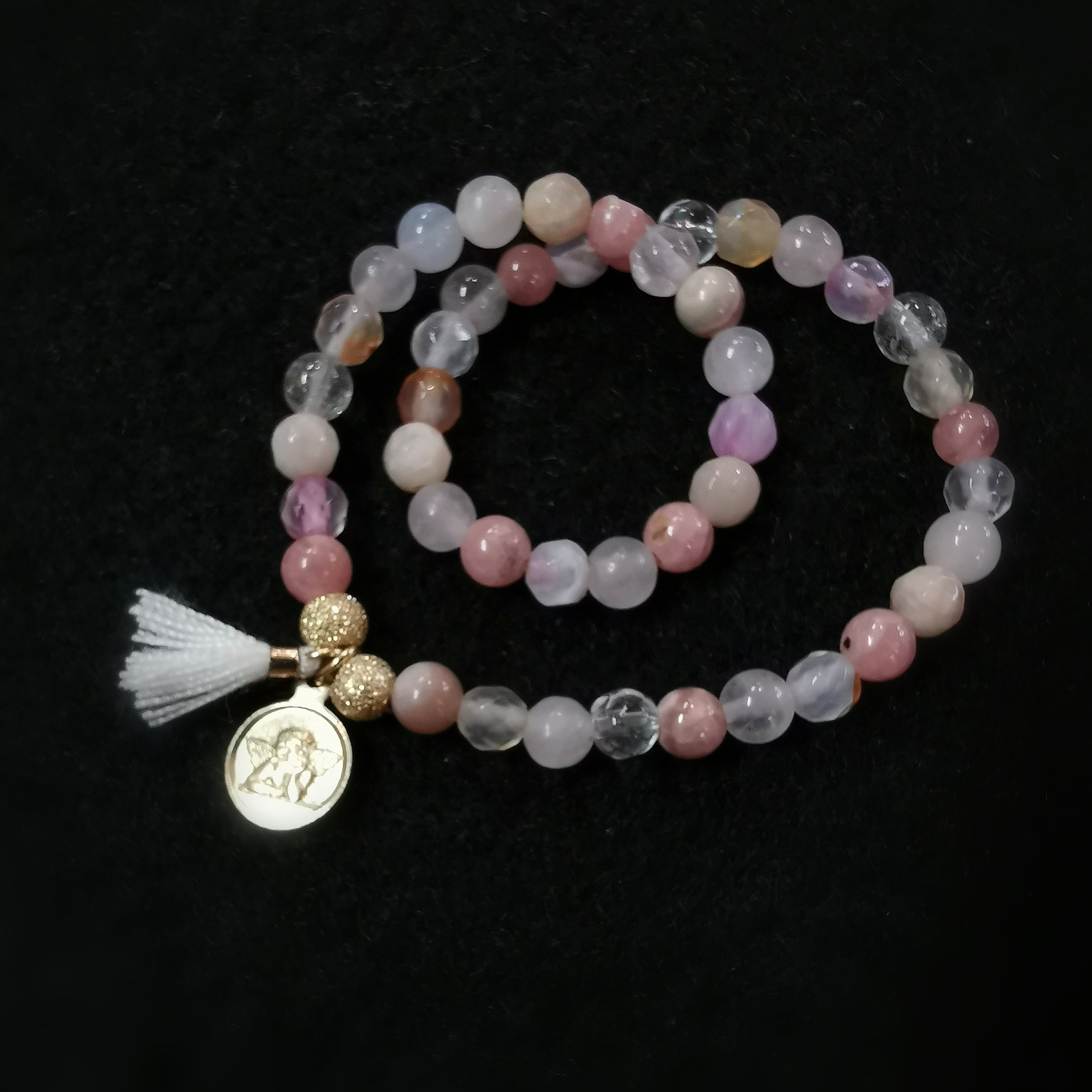 Engel Büste Edelstein Karma Armband Pastell Gold Mondstein Rhodochrosit Achat, geweiht - Schutzengel Energie