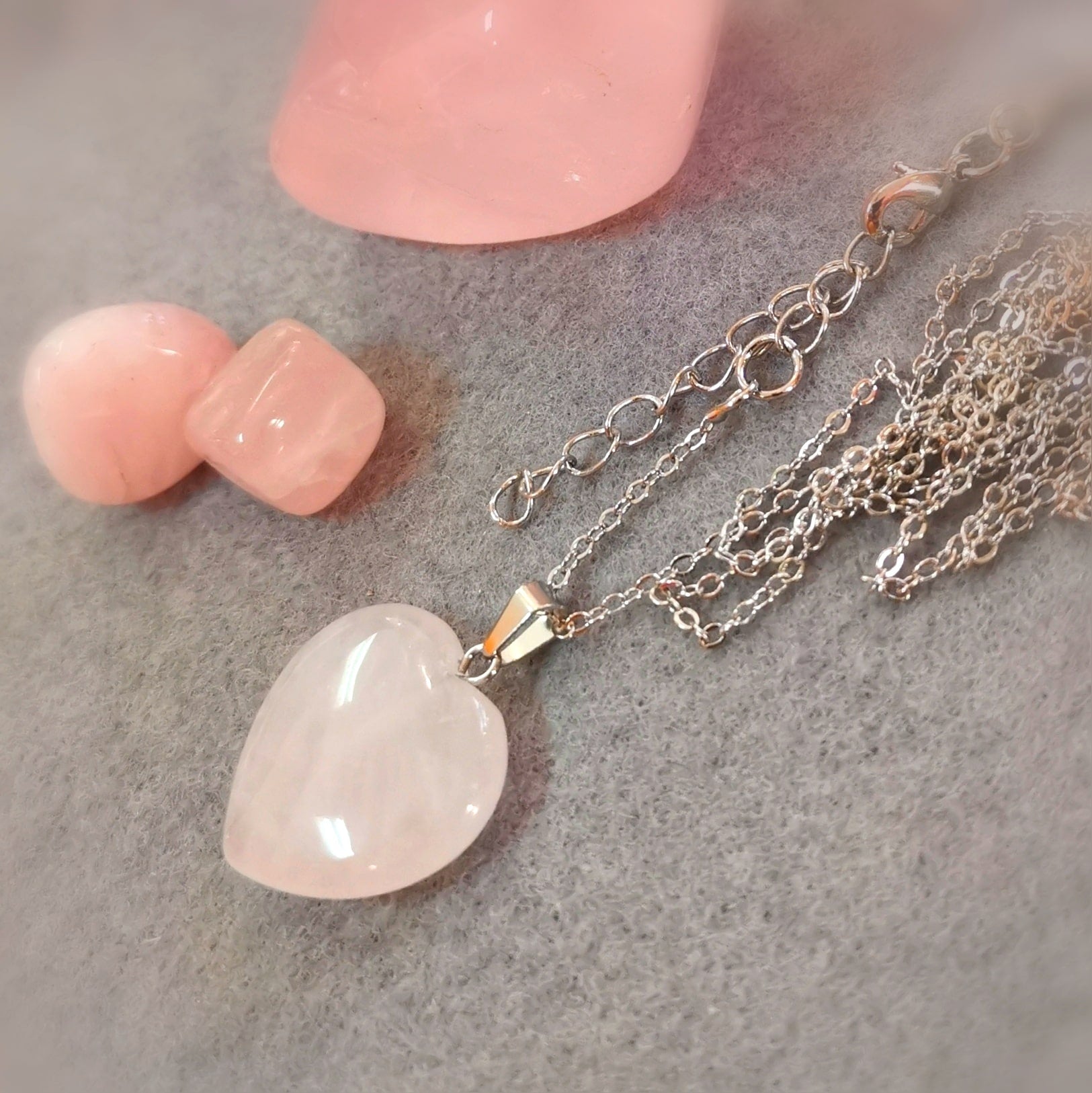 long heart rose quartz gemstone karma necklace, healing stone consecrated, full of love