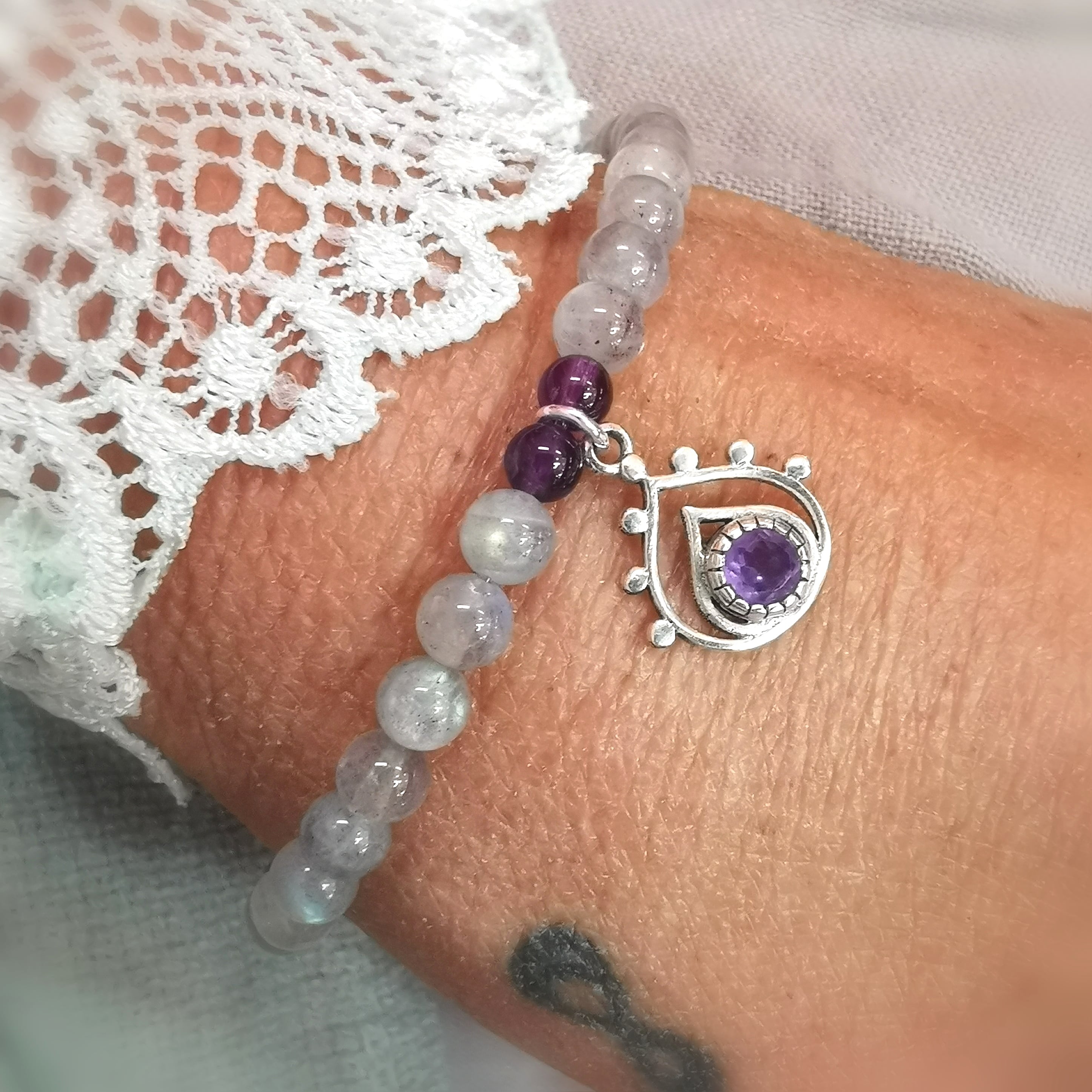 Labradorit Amethyst Boho Armband, Karma Heilsteine, Seelenkraft Lotus Blatt