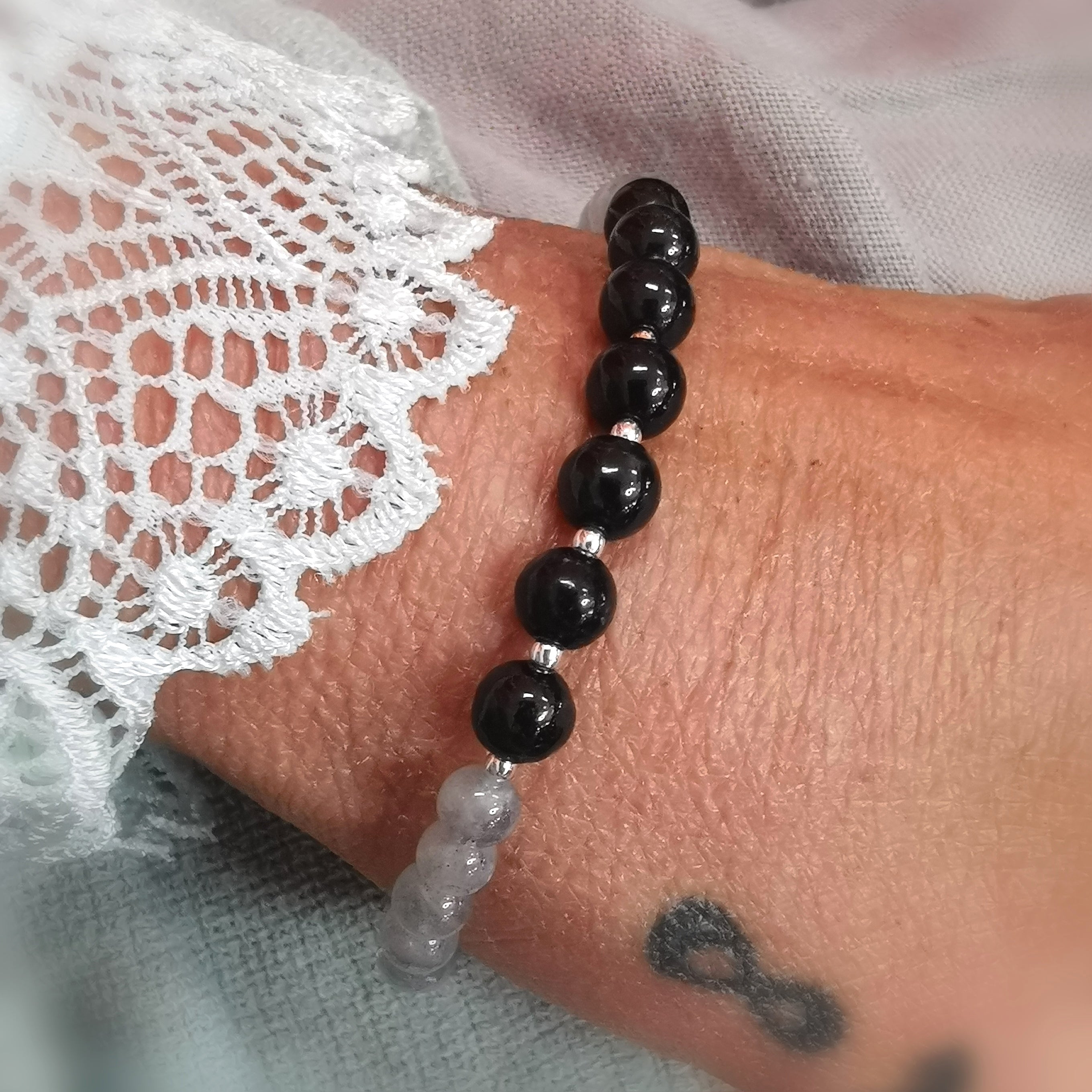 Labradorit schwarze Jade Edelstein Karma Armband, geweiht Himmel und Erde Inspiration, Intuition, Urvertrauen