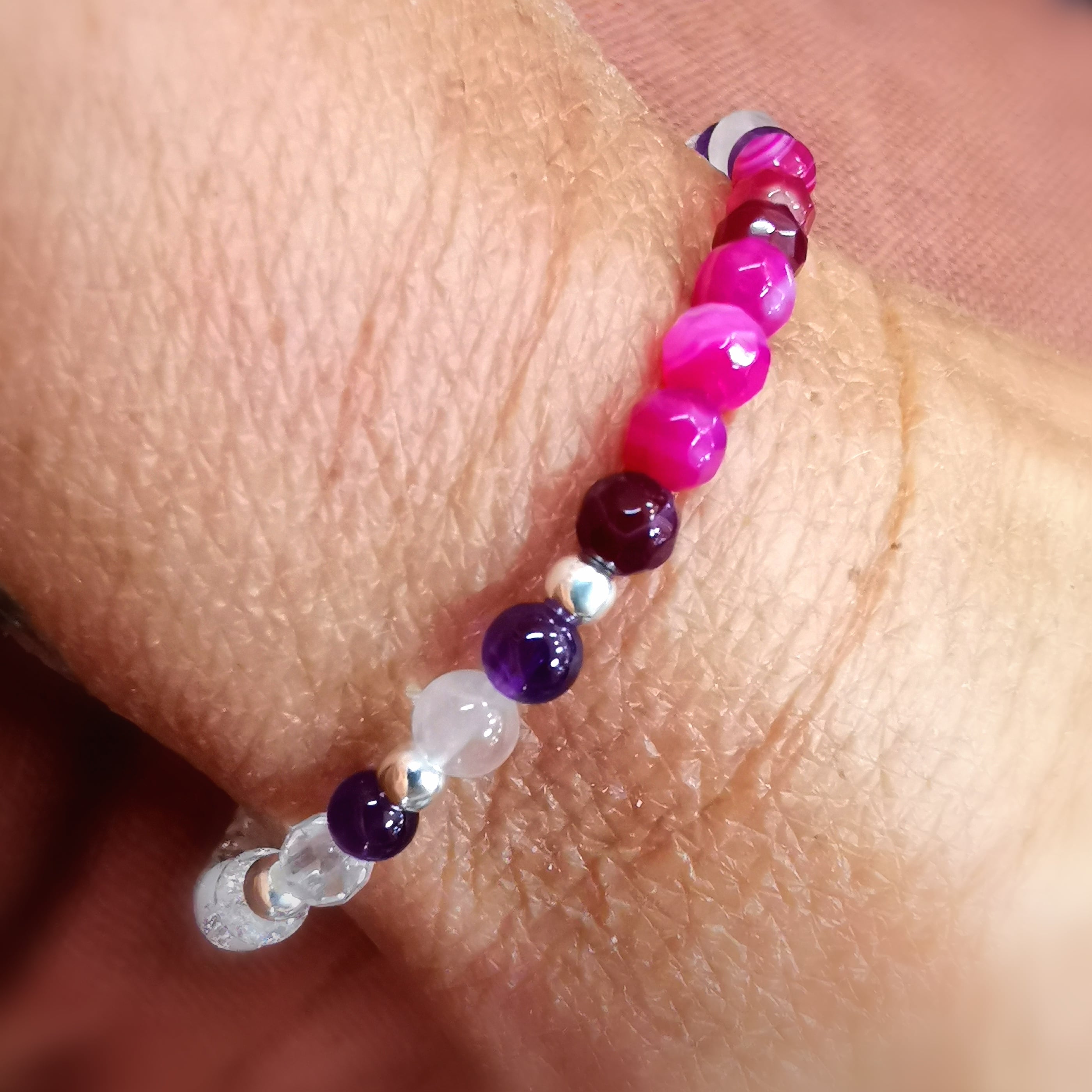 Achat Amethyst Bergkristall Karma Armband, Edelstein geweiht, Klarheit und Freude