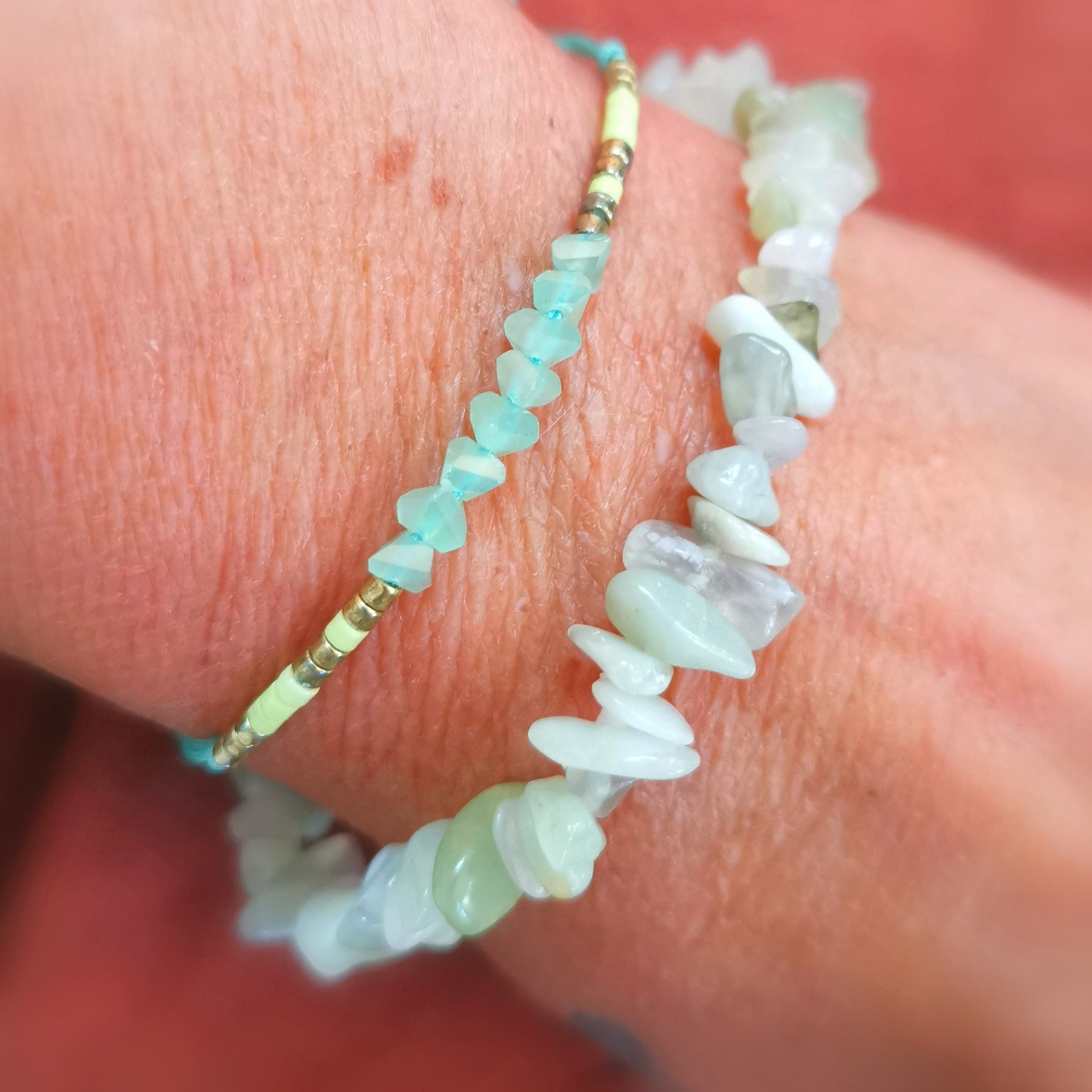 Jade Boho Armbändchen, grün gold, Edelstein Bijou Armband Set geweiht #Herzenswunsch