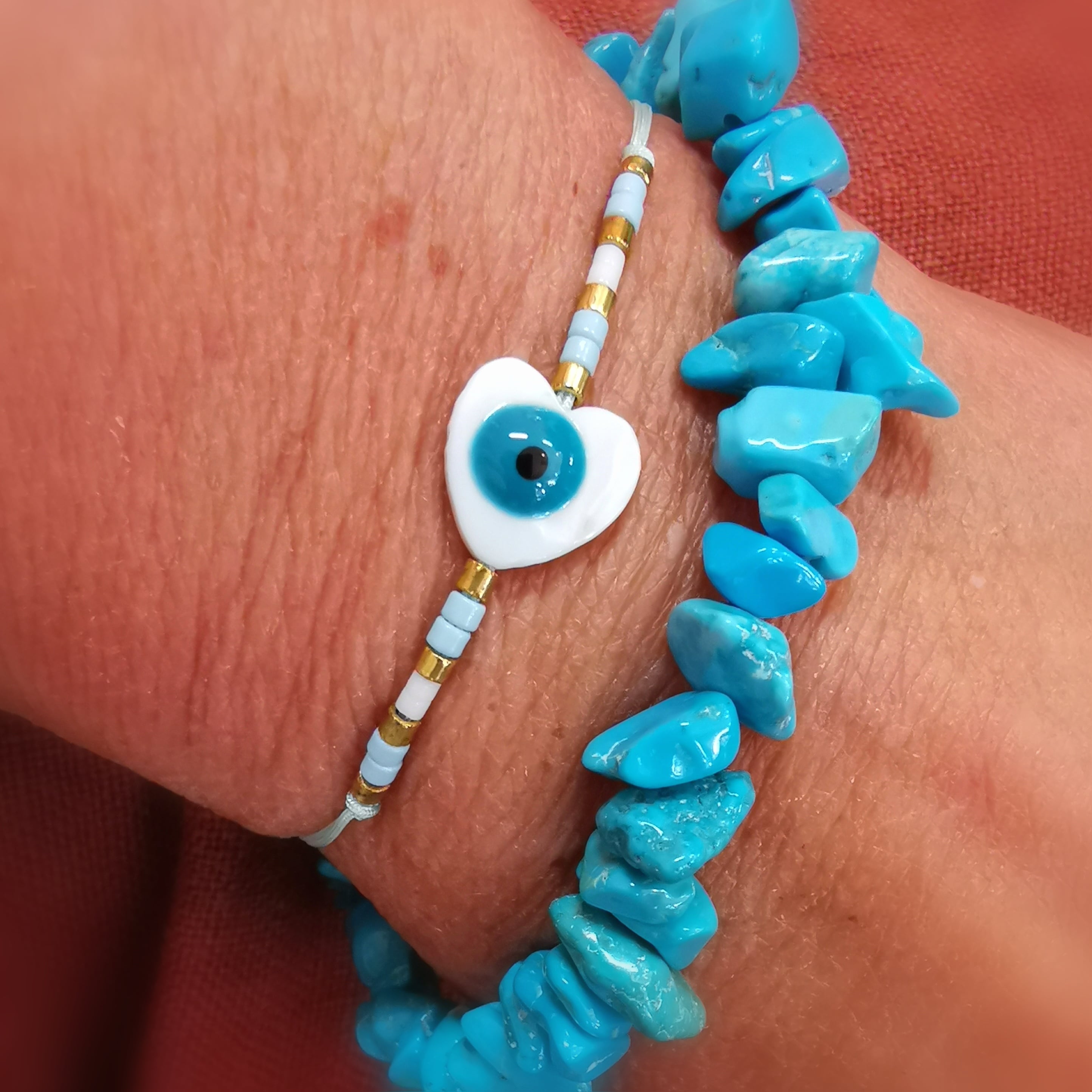 Eye of Nazar Turquoise Magnesite Gemstone Bracelet Set, Boho Karma Bracelets, Life Happiness