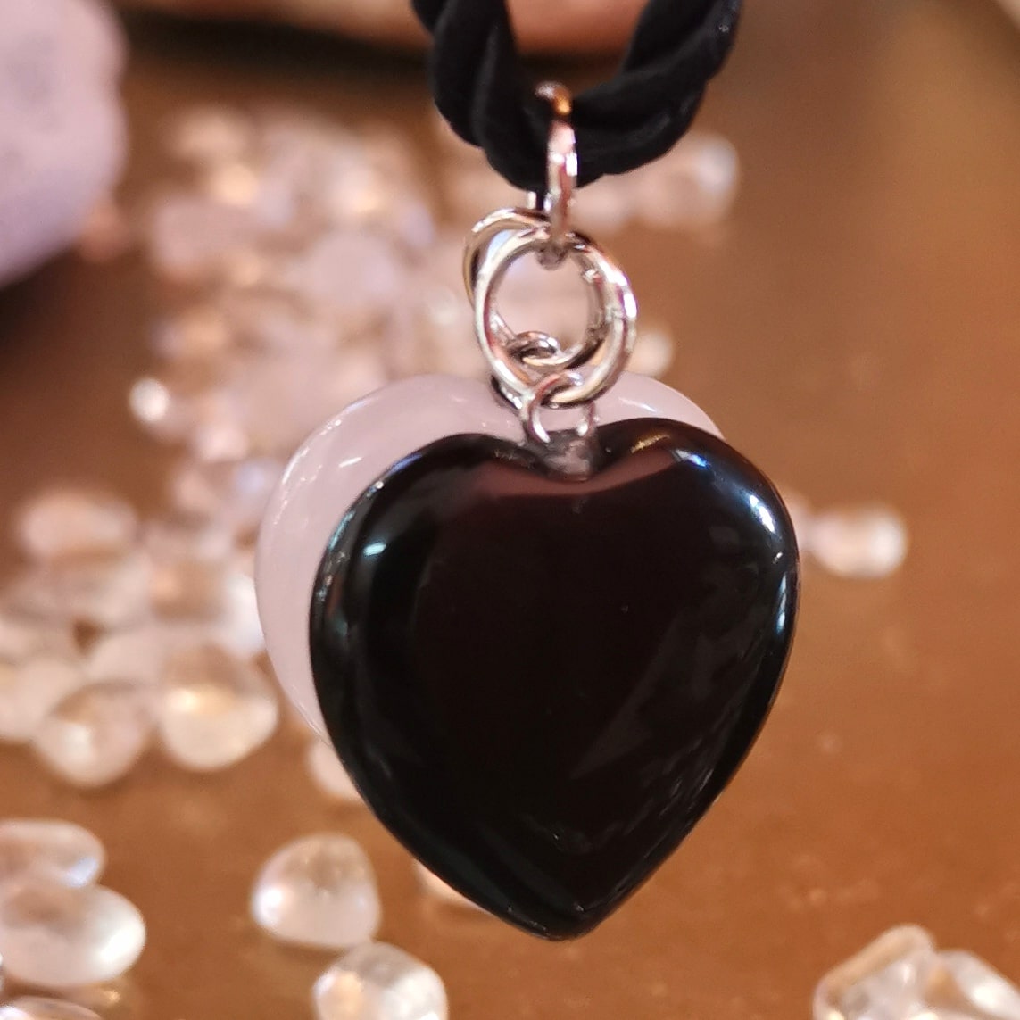 Herz Kette Rosenquarz Onyx Edelstein Boho Karma Kette, Liebe und Schutz