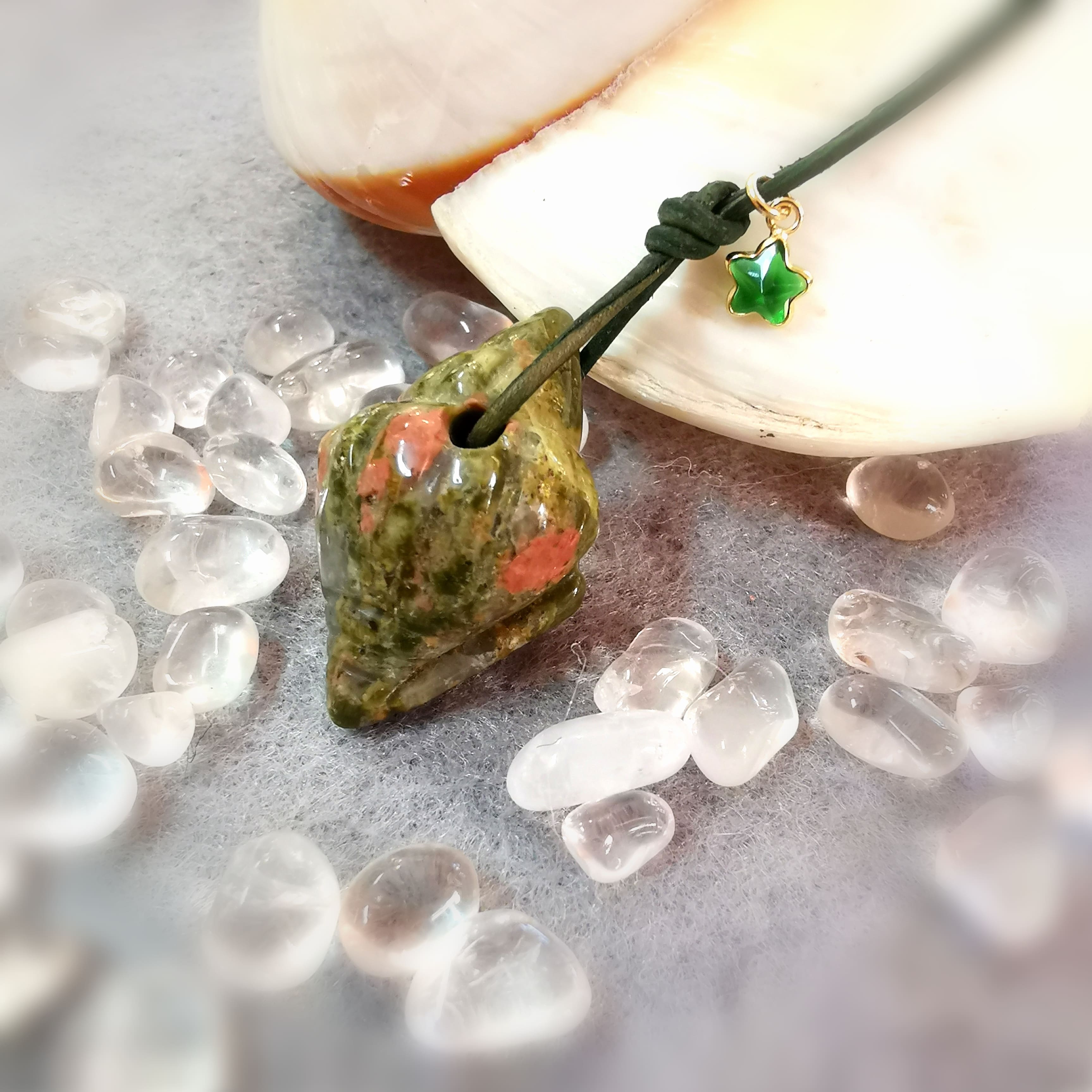 Unakite Zircon Piedra preciosa Concha Espíritu Animal Estrella de Mar Cuero Karma Collar, Corazón y Mente