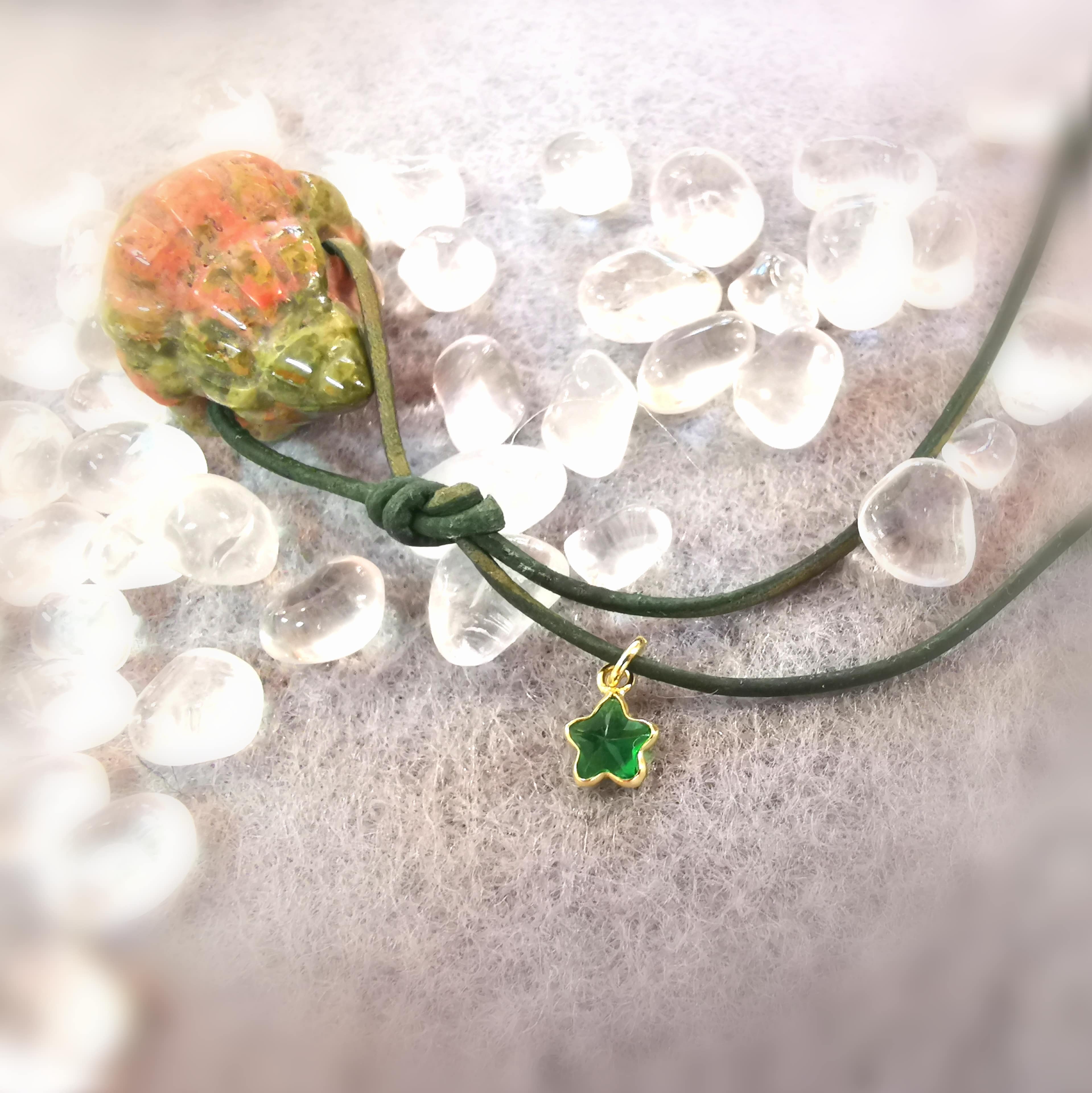 Unakite Zircon Piedra preciosa Concha Espíritu Animal Estrella de Mar Cuero Karma Collar, Corazón y Mente