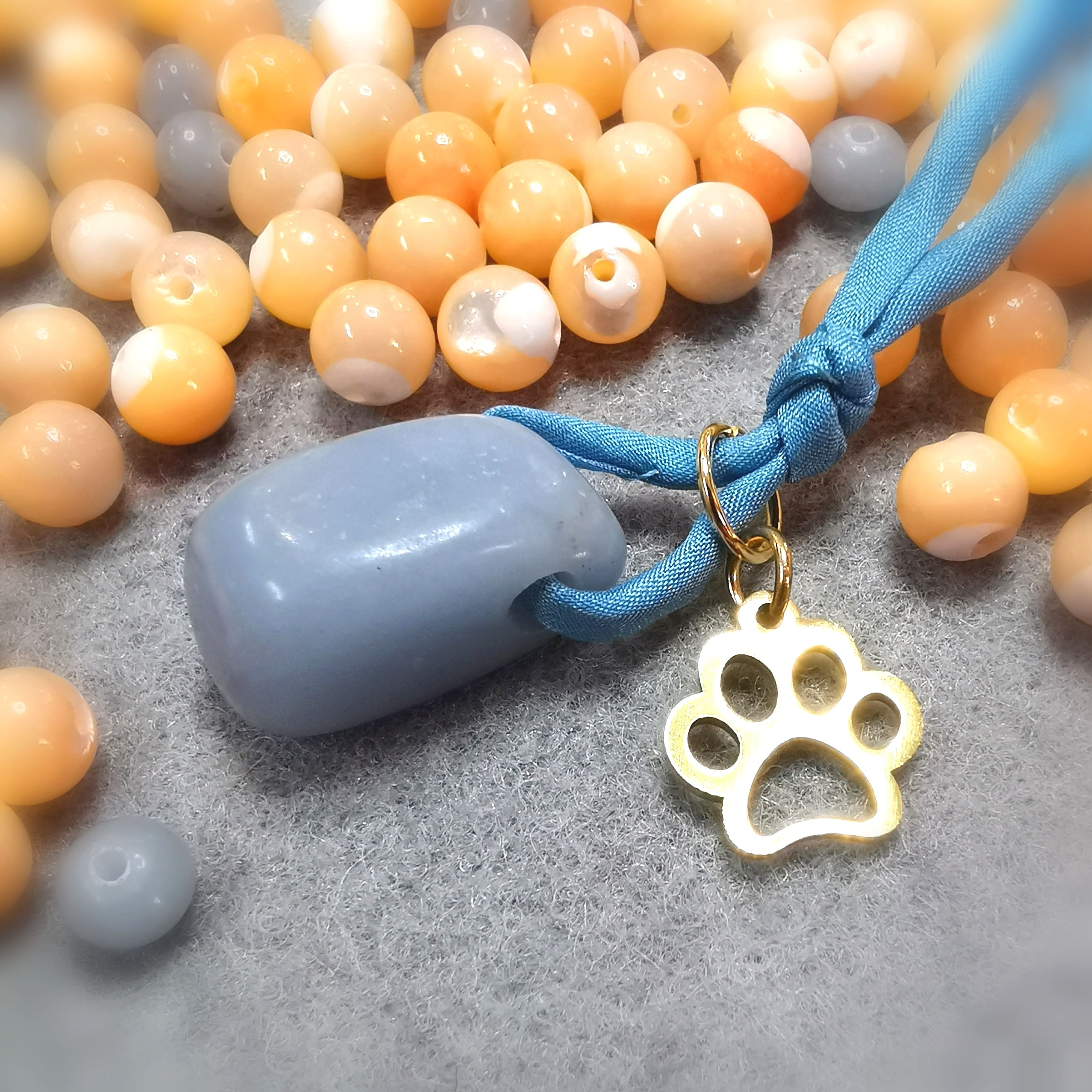 Angelite gemstone power animal paw karma healing stone necklace, gold-colored, consecrated soul mate