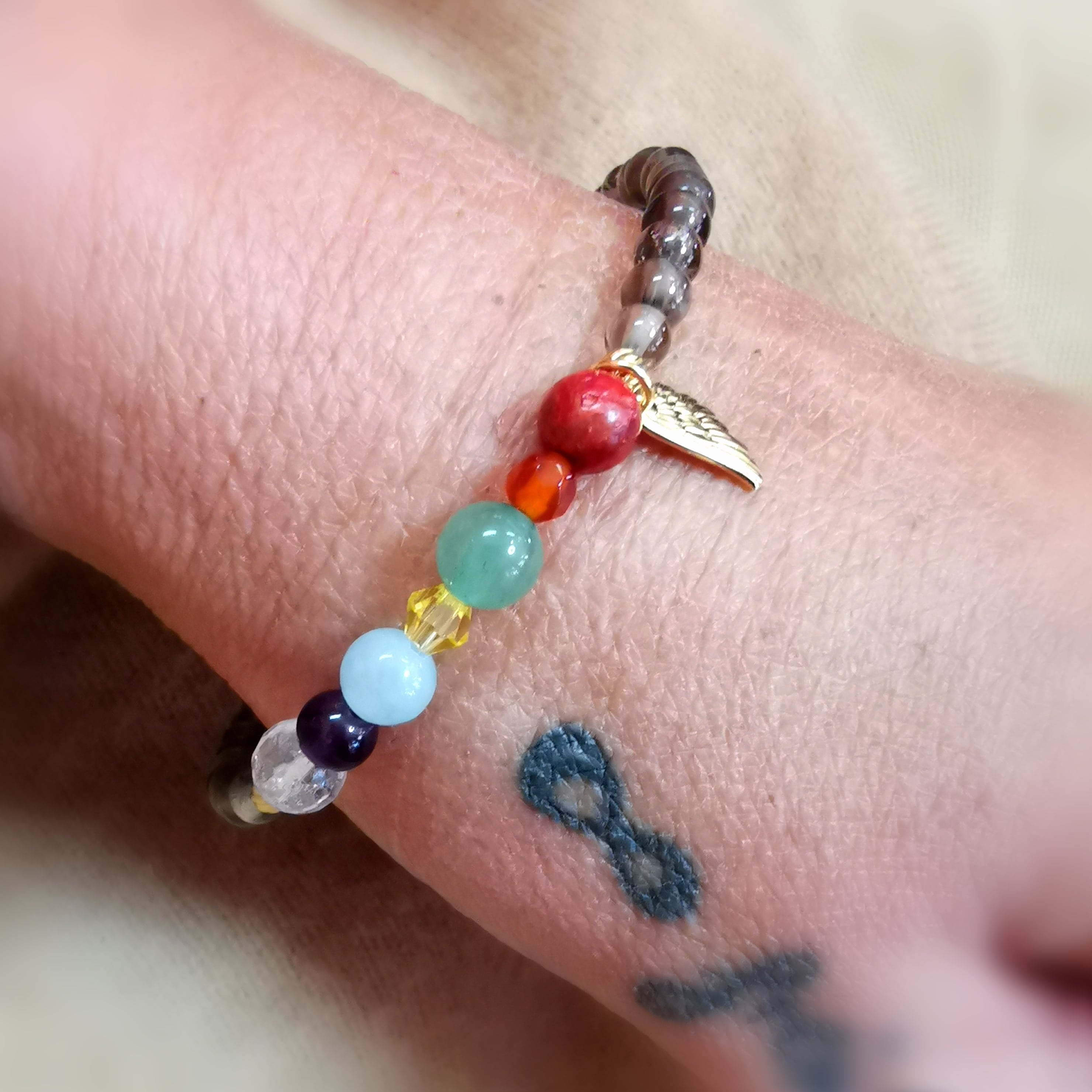 Rauchquarz 7 Chakra Engelsflügel Karma Edelstein Armband, Entspannung und Gelassenheit