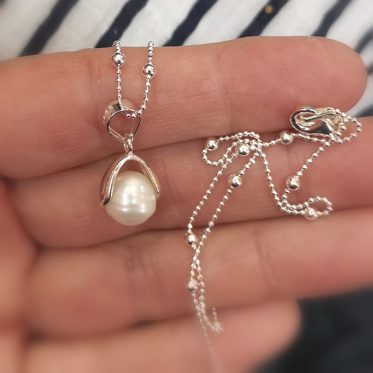 Natur Perle weiß - Karma Kette Sterlingsilber 45 cm - geweiht: das Leben lieben