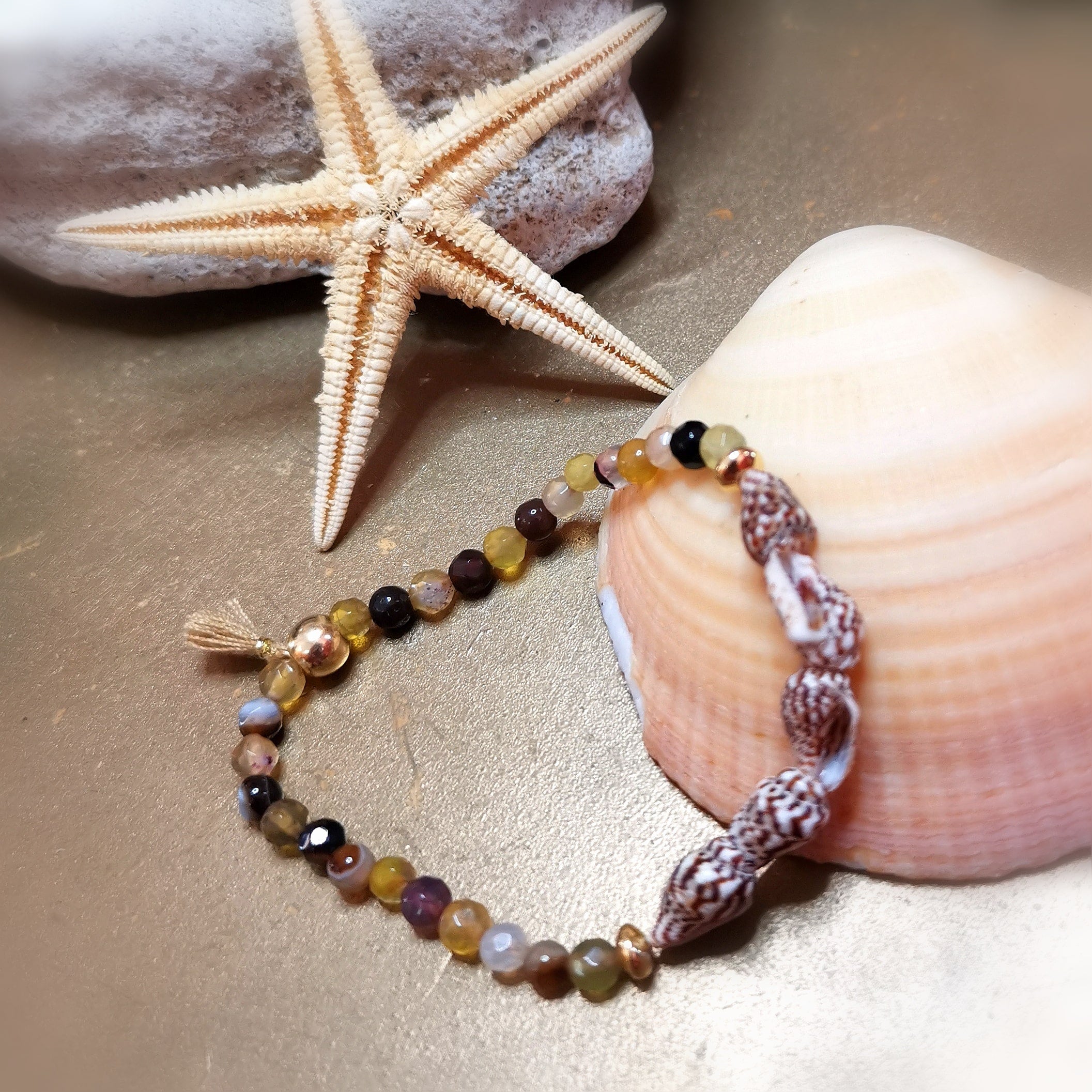 🌸 noble children's talisman gemstone karma bracelet – agate, shell &amp; tassel – you are wonderful