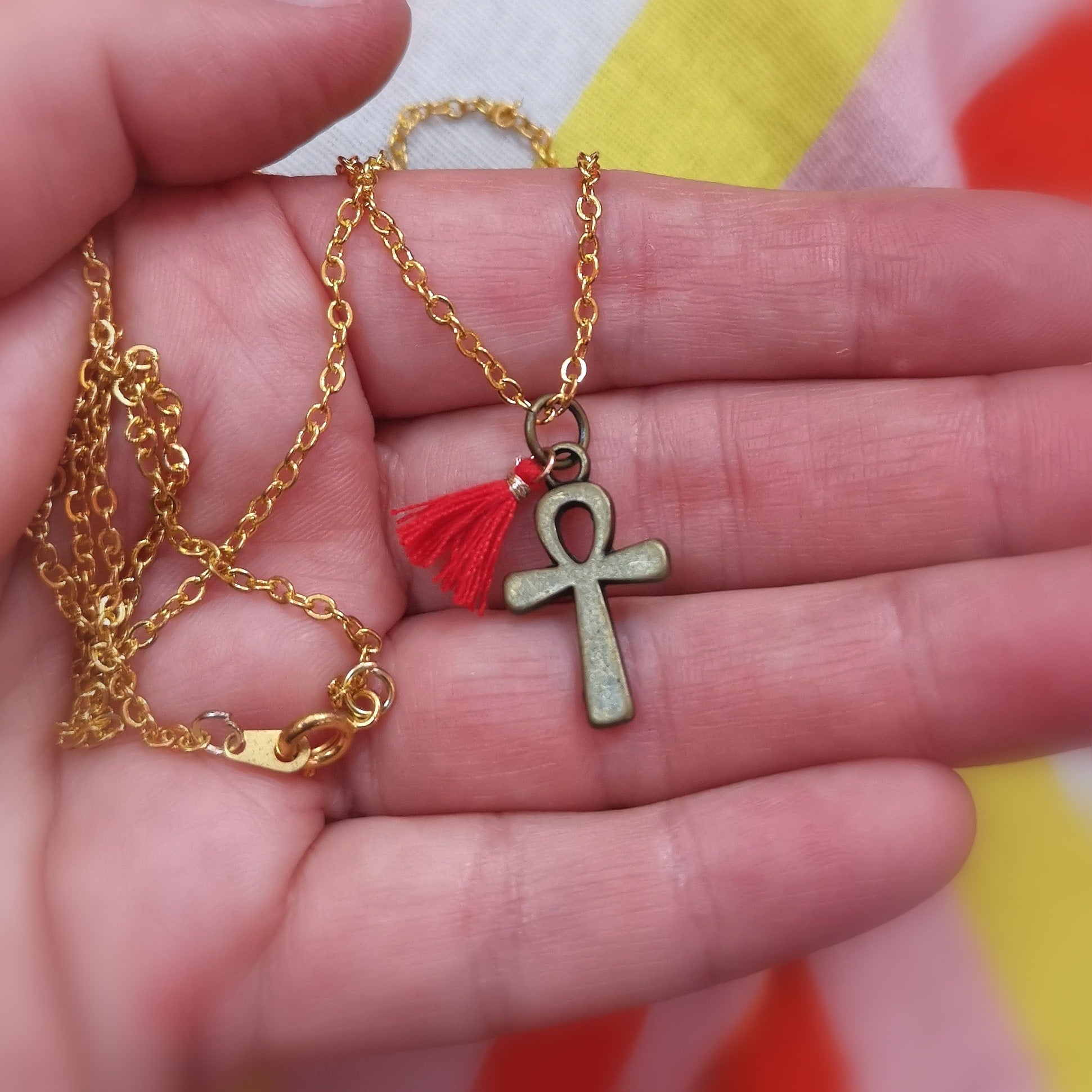 ✝️ Ankh Cross Hippie Necklace gold-colored red – consecrated for harmony, protection &amp; eternal life