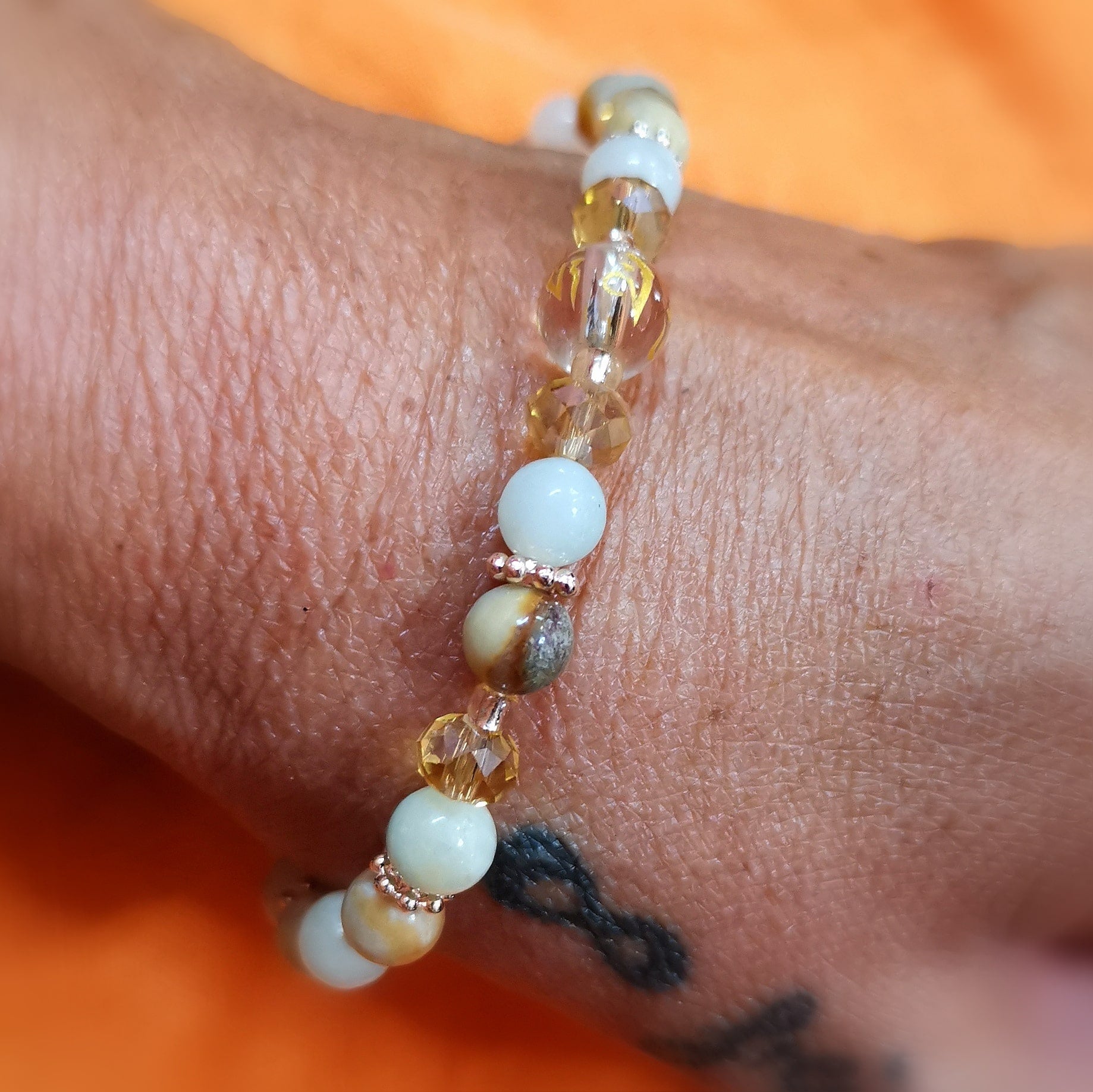 Amazonit Karma Edelstein Armband Om Mani Padme Hum – emotionale Ruhe & inneres Wissen