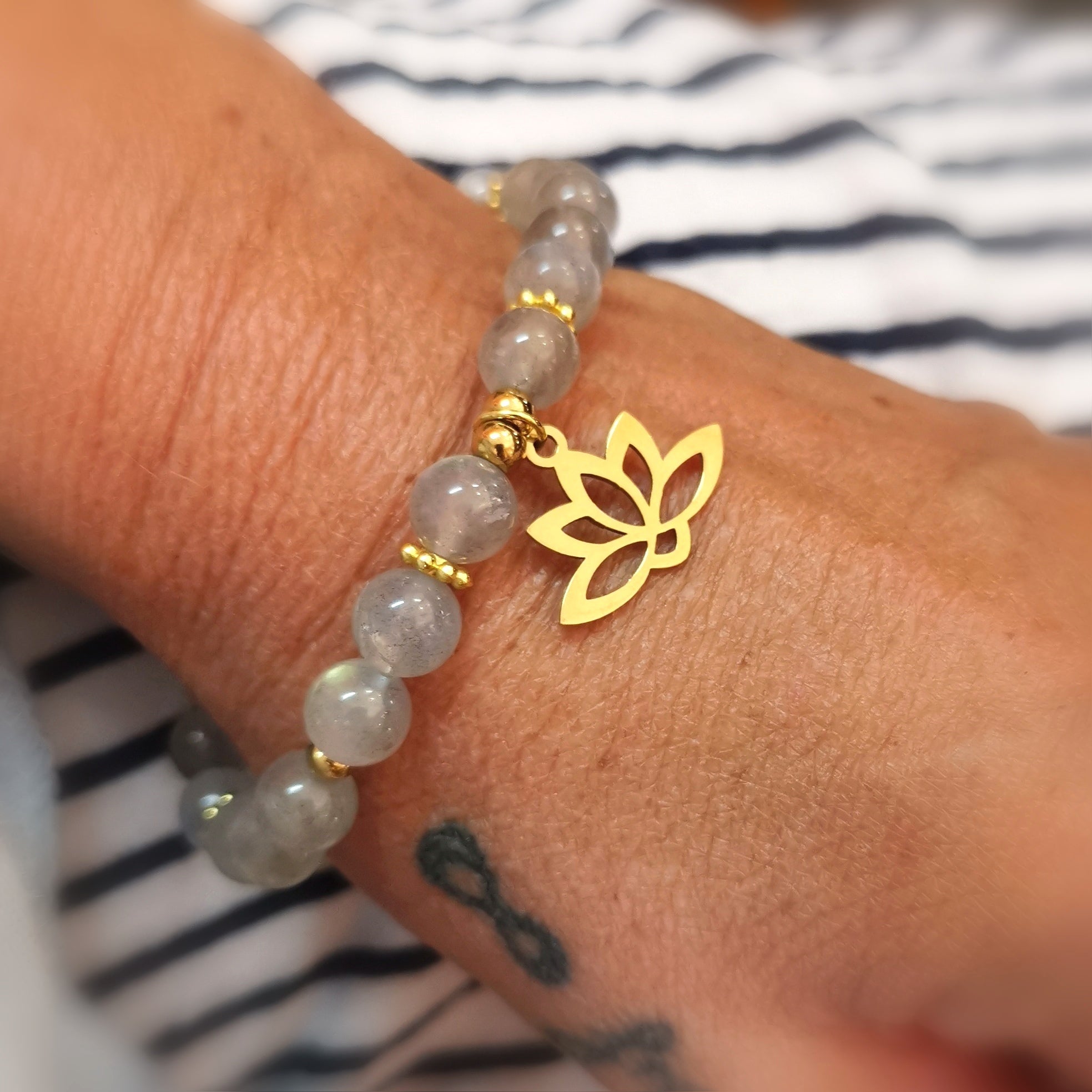 Labradorit Lotus Edelstein Karma Armband geweiht – Intuition, Schutz & Harmonie