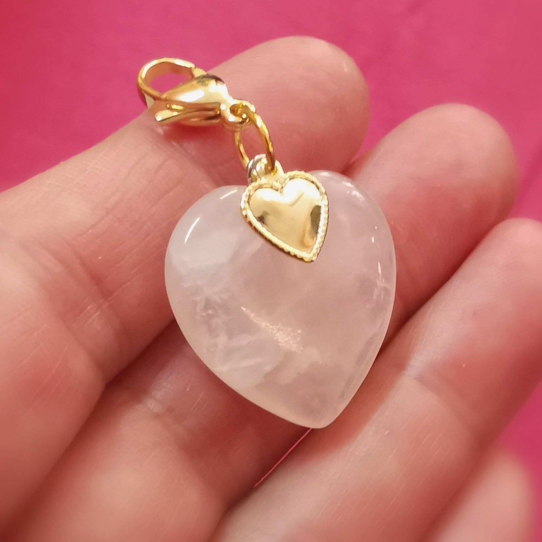 💖 Rosenquarz Herz Charm Karabiner Gold – Liebe & Herzöffnung
