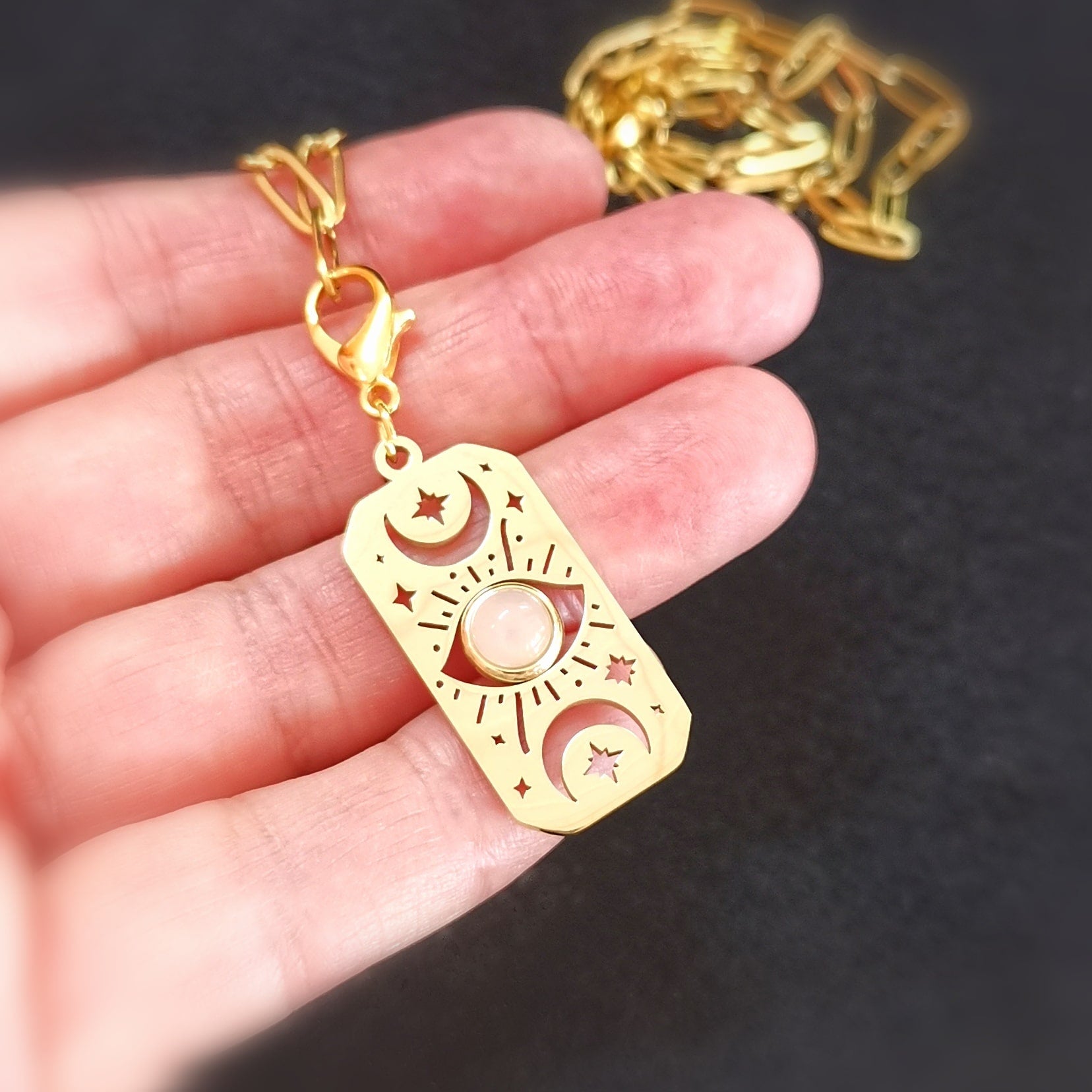 Rosenquarz & Allsehendes Auge Karma Kette Edelstahl Gold 50 cm – geweiht für emotionale Heilung