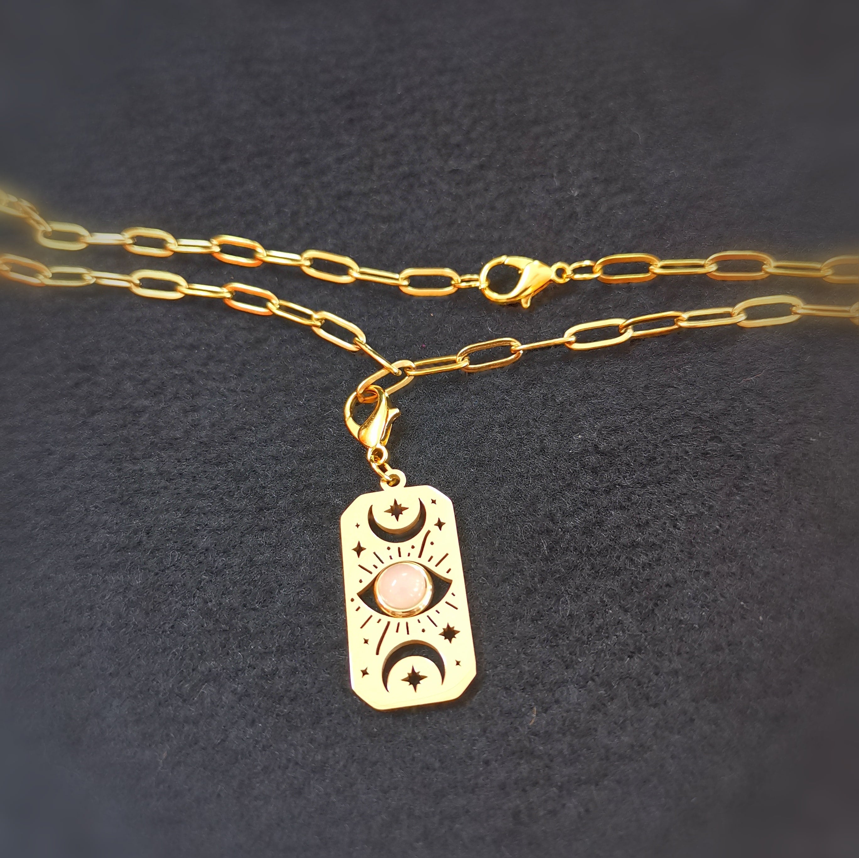 Rosenquarz & Allsehendes Auge Karma Kette Edelstahl Gold 50 cm – geweiht für emotionale Heilung