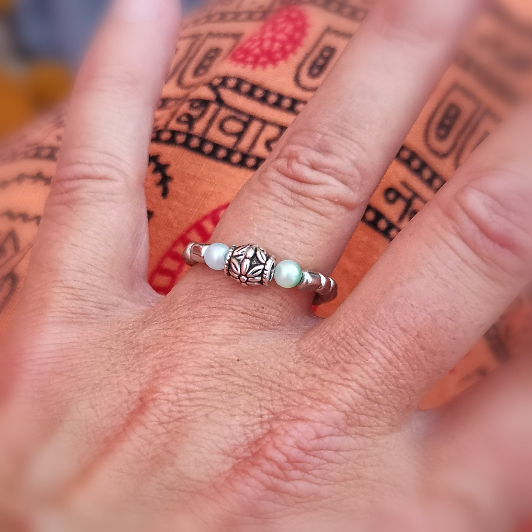 Elastischer Bijou Ring – Grün & Silberfarben, Hippie Style