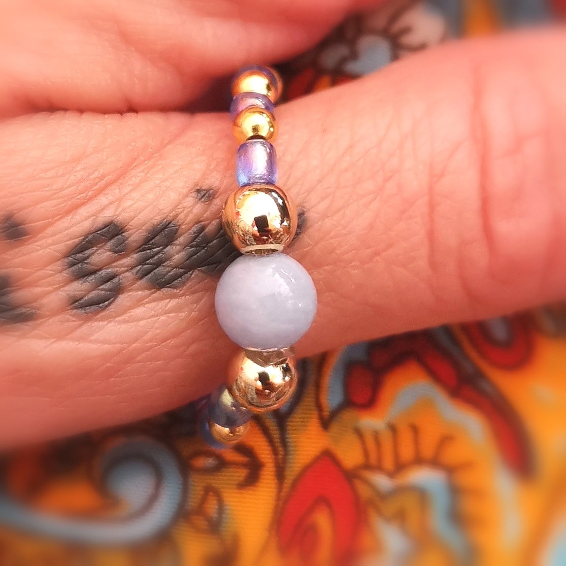 Angelit Edelstein Ring mit Bijou Perle – geweiht für Vertrauen & innere Ruhe