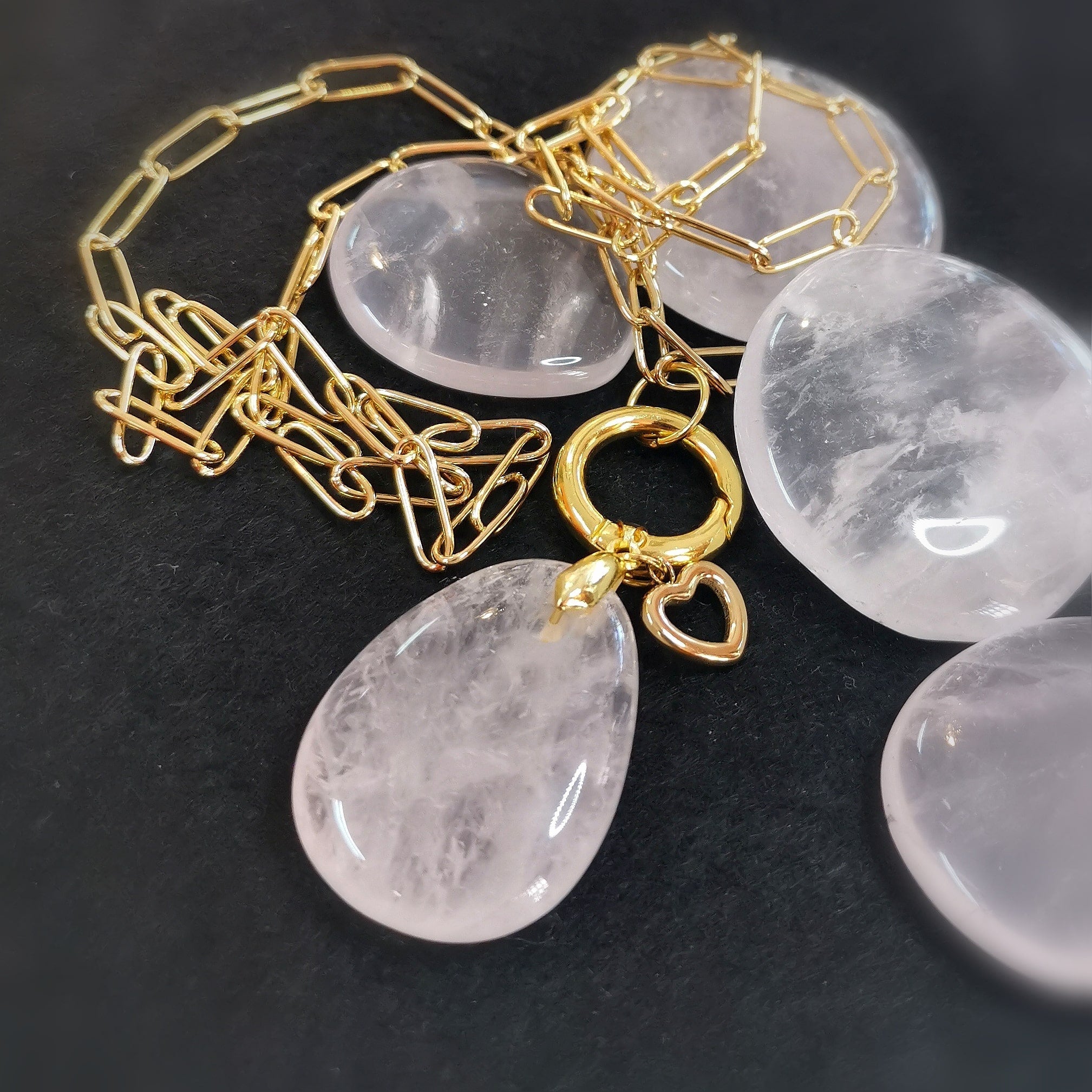 XL Rosenquarz Herz Edelstein Karma Kette – Gold Edelstahl & Chakra Energie