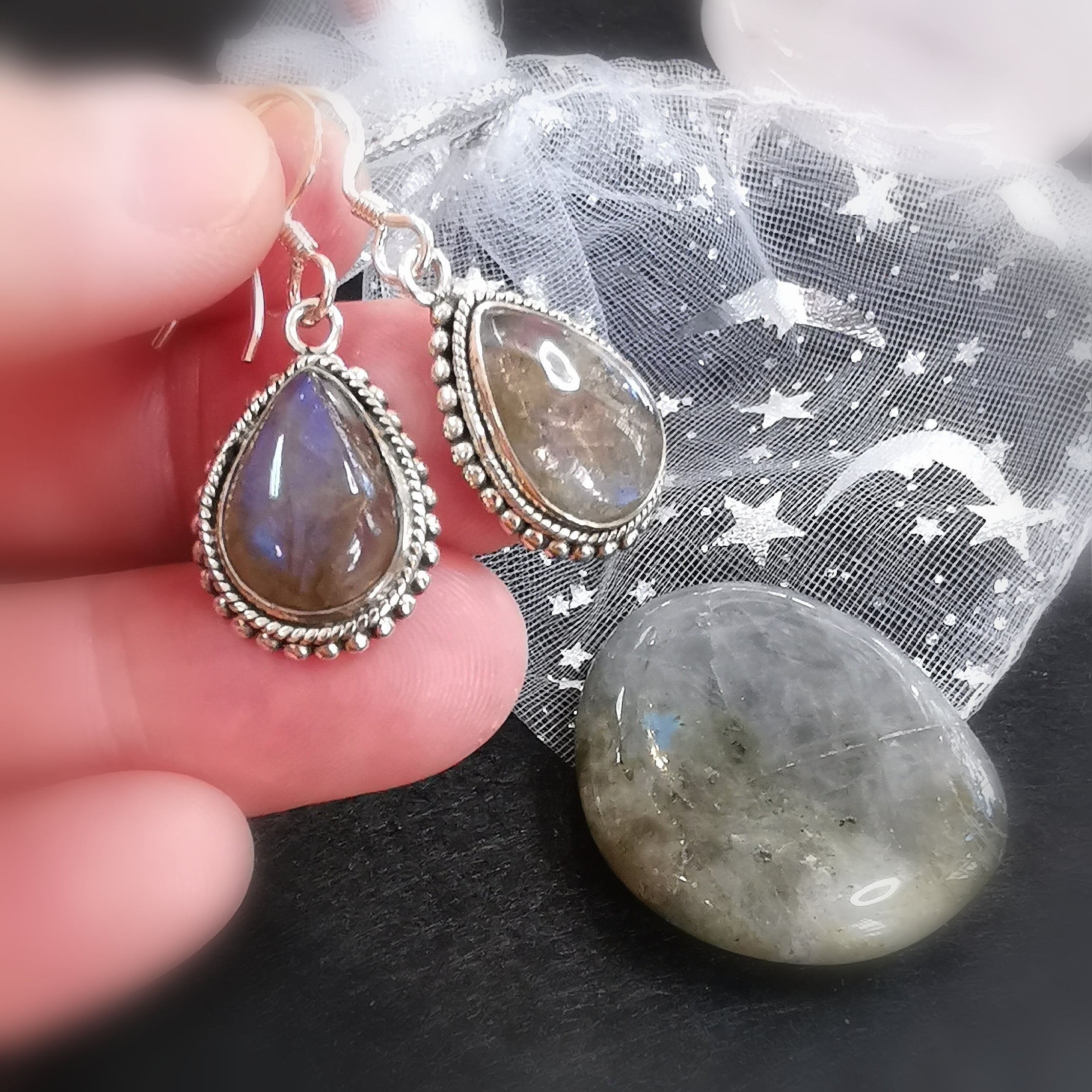 Labradorite Gemstone Gift Set – Earrings &amp; Disc Stone Talisman