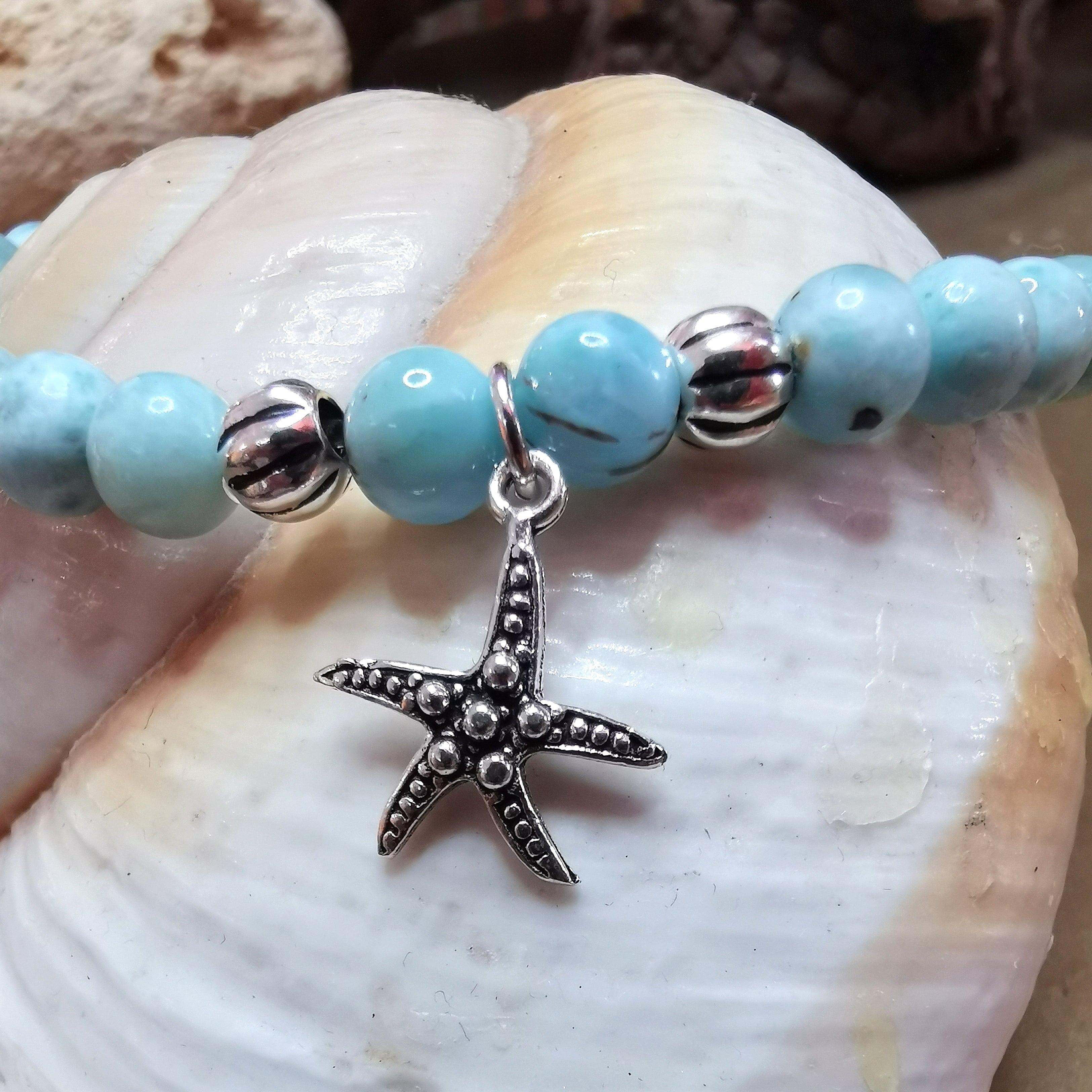Larimar Edelstein Armband mit Seestern – geweiht für Vertrauen, Leichtigkeit