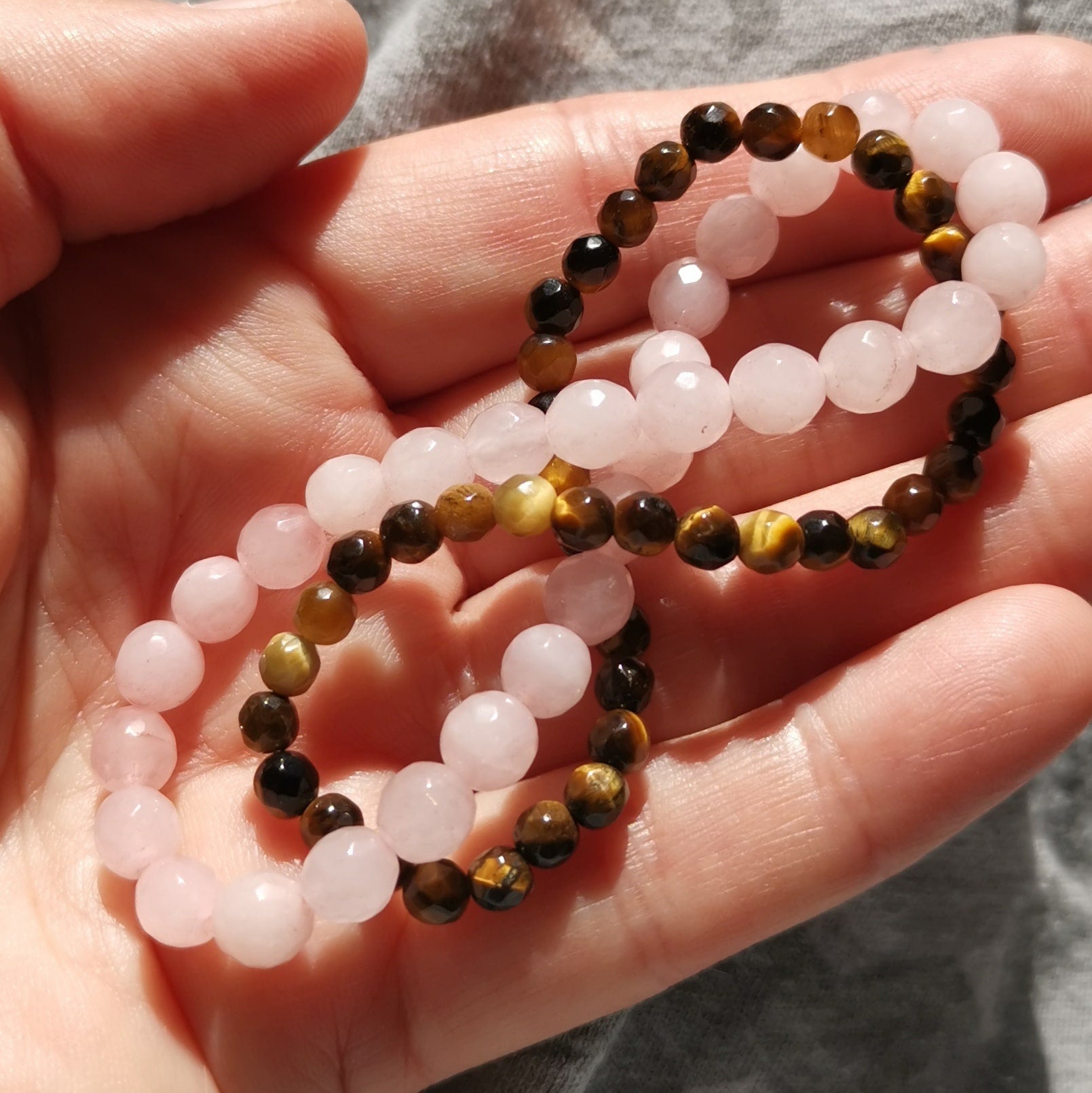 Tigerauge & Rosenquarz Armband Set – für Mut, Liebe & innere Balance