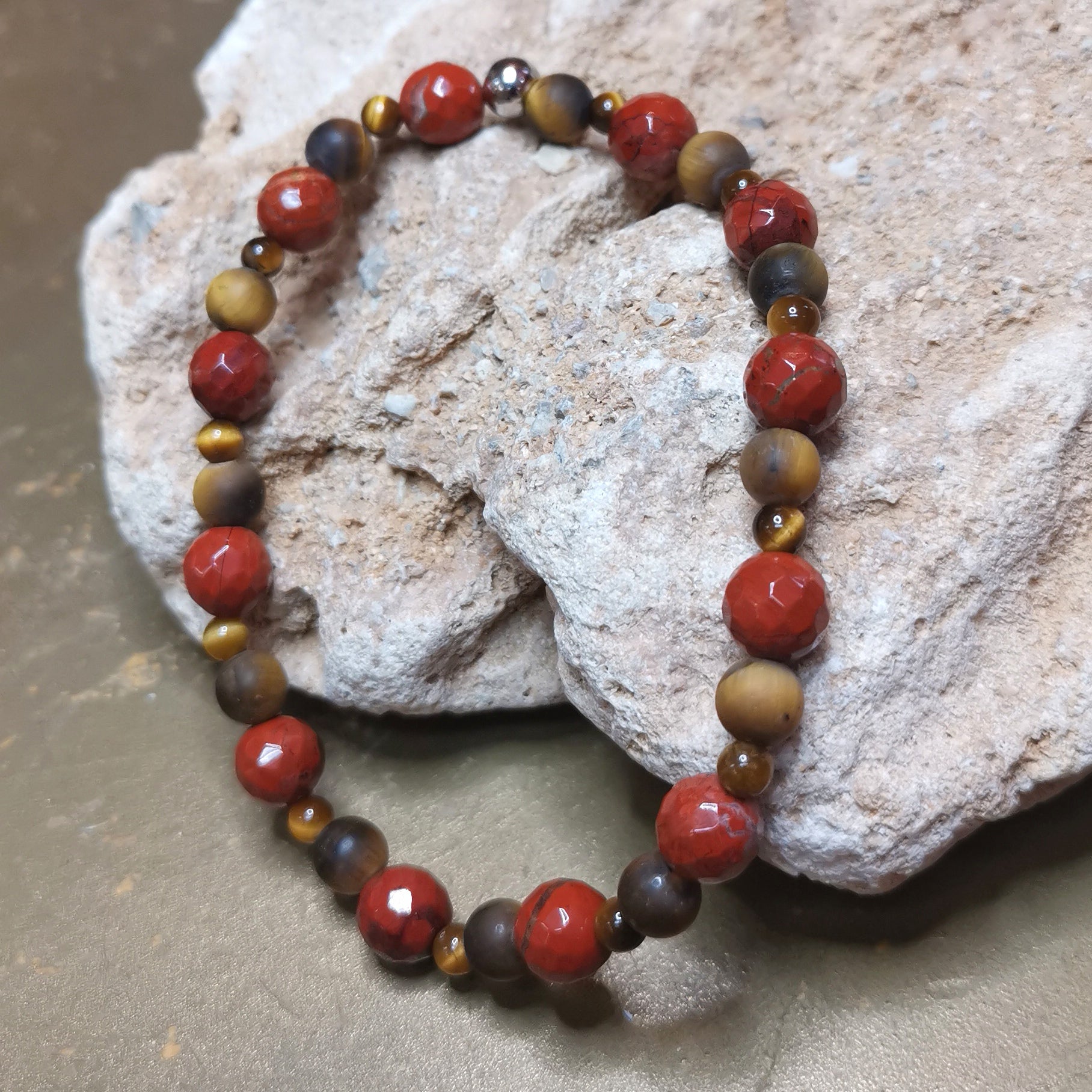 Tigerauge & Jaspis Karma Edelstein Armband L/XL – geweiht für Stärke, Fokus & Erdung