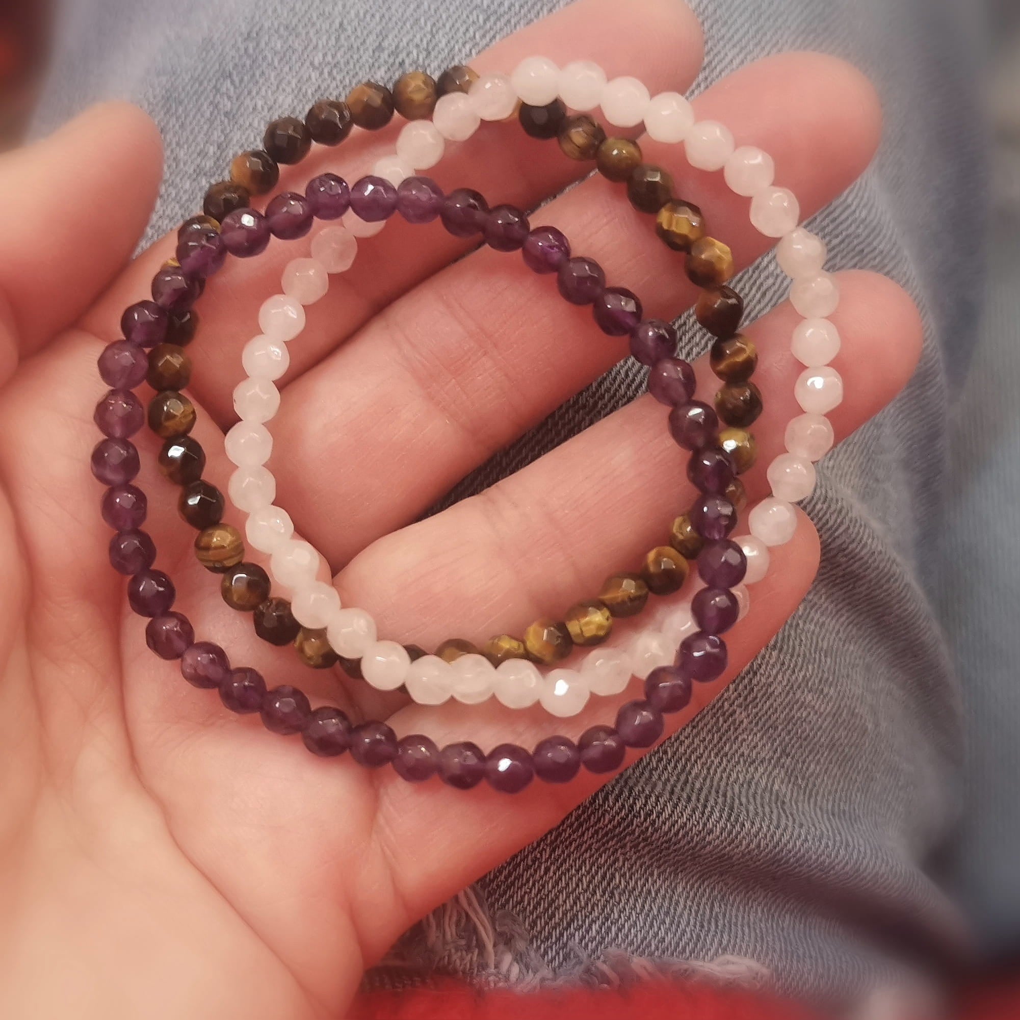 Tigerauge · Rosenquarz · Amethyst - Edelstein Karma Armband 3er Set - Balance & innere Klarheit