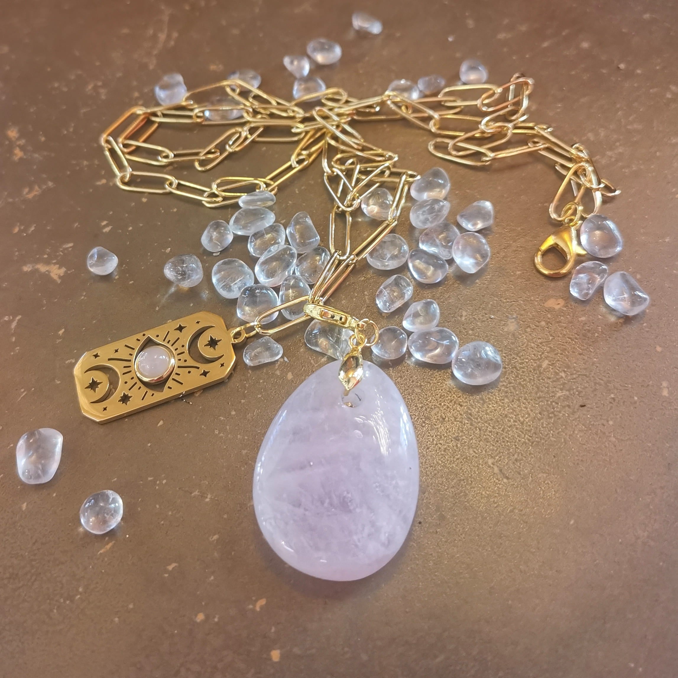 Gold Edelstahl Rosenquarz Edelstein Karma Yoga Kette XL – geweiht für Liebe zum Sein