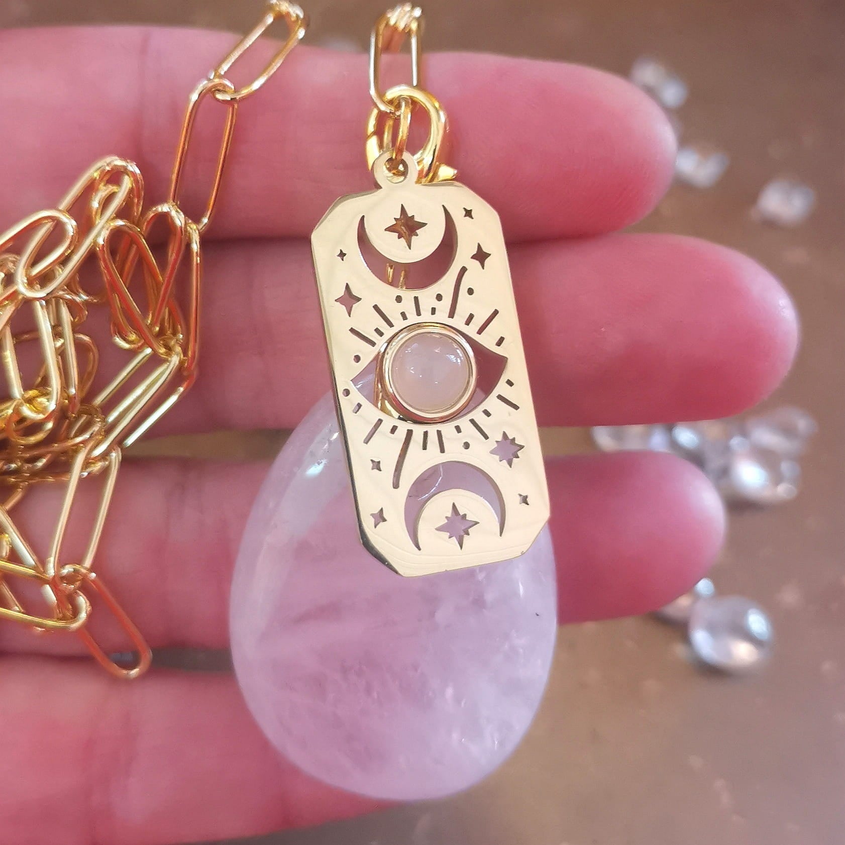 Gold Edelstahl Rosenquarz Edelstein Karma Yoga Kette XL – geweiht für Liebe zum Sein