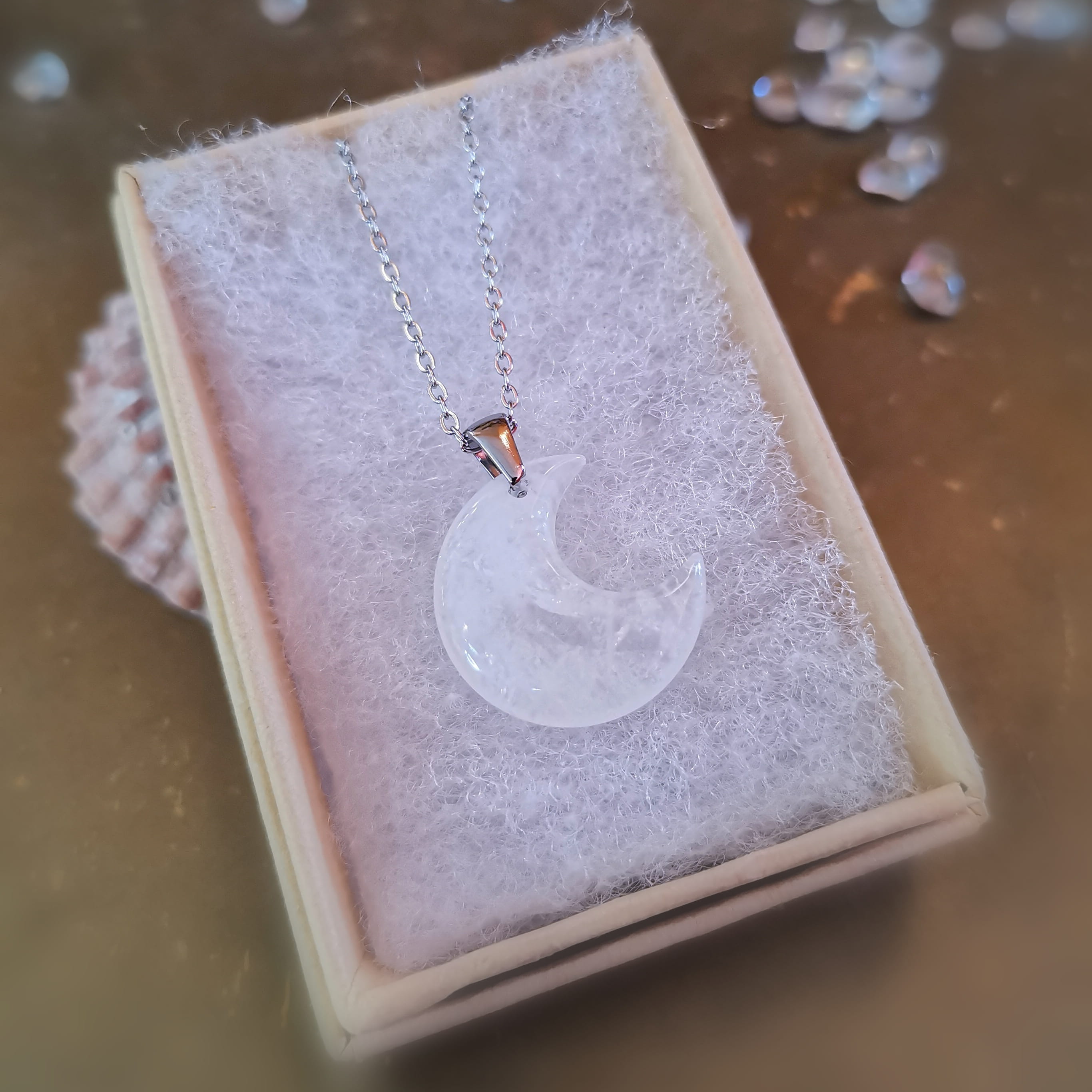 Bergkristall Edelstein Mond Karma Kette – geweiht für Klarheit & Neubeginn
